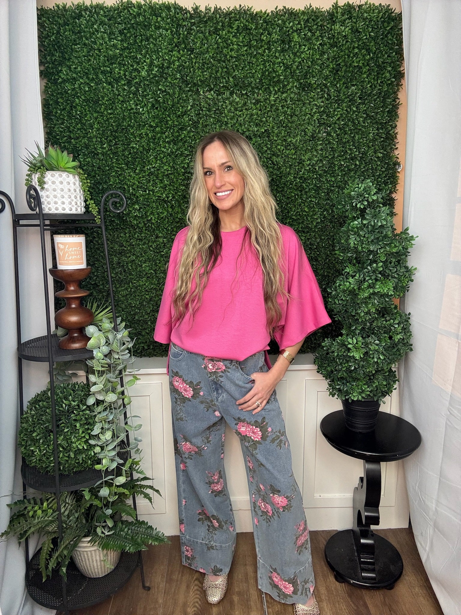 PINK 3/4 SLEEVE CREW NECK TOP