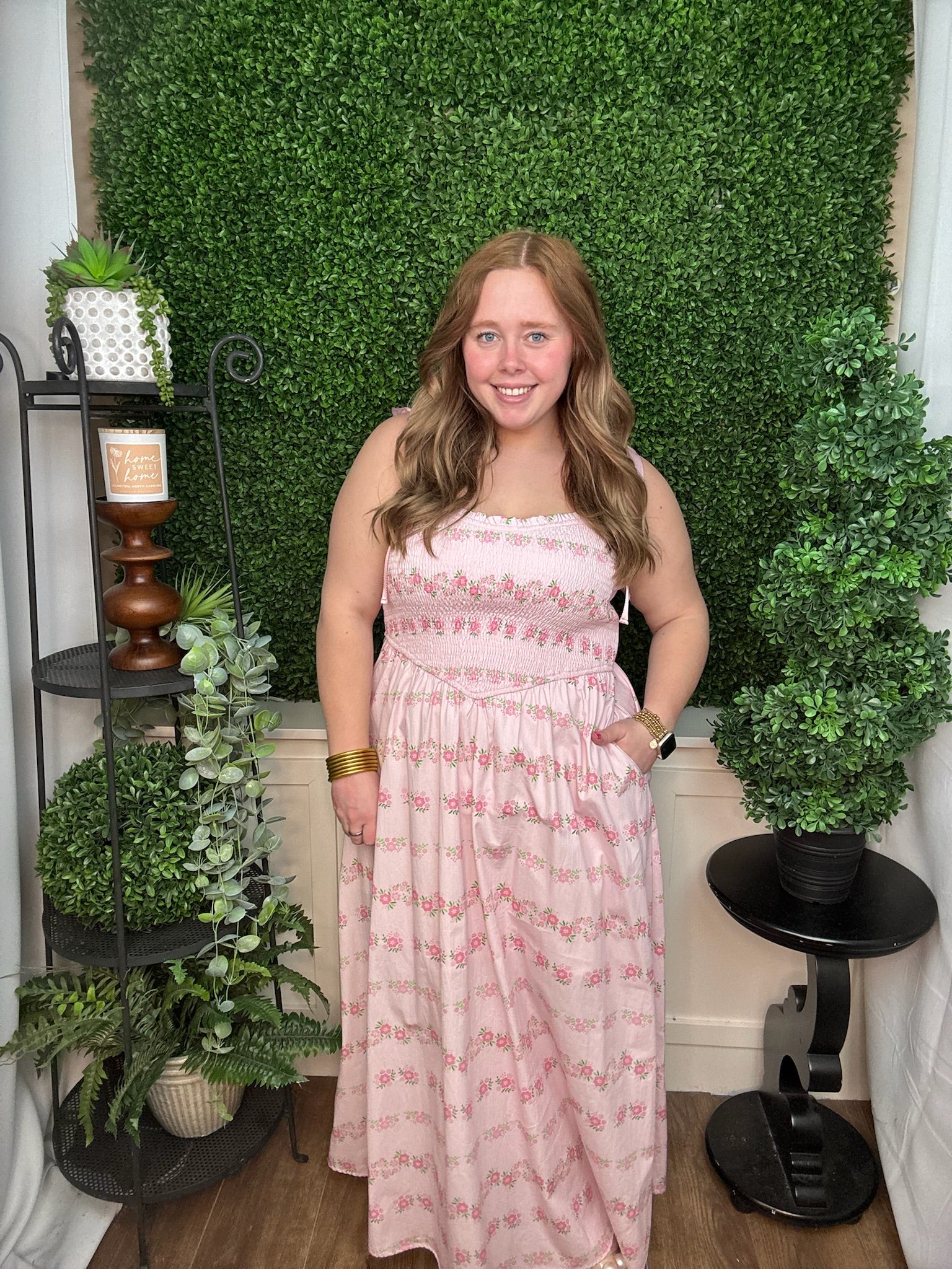 Blush Floral Smocked Midi Dress