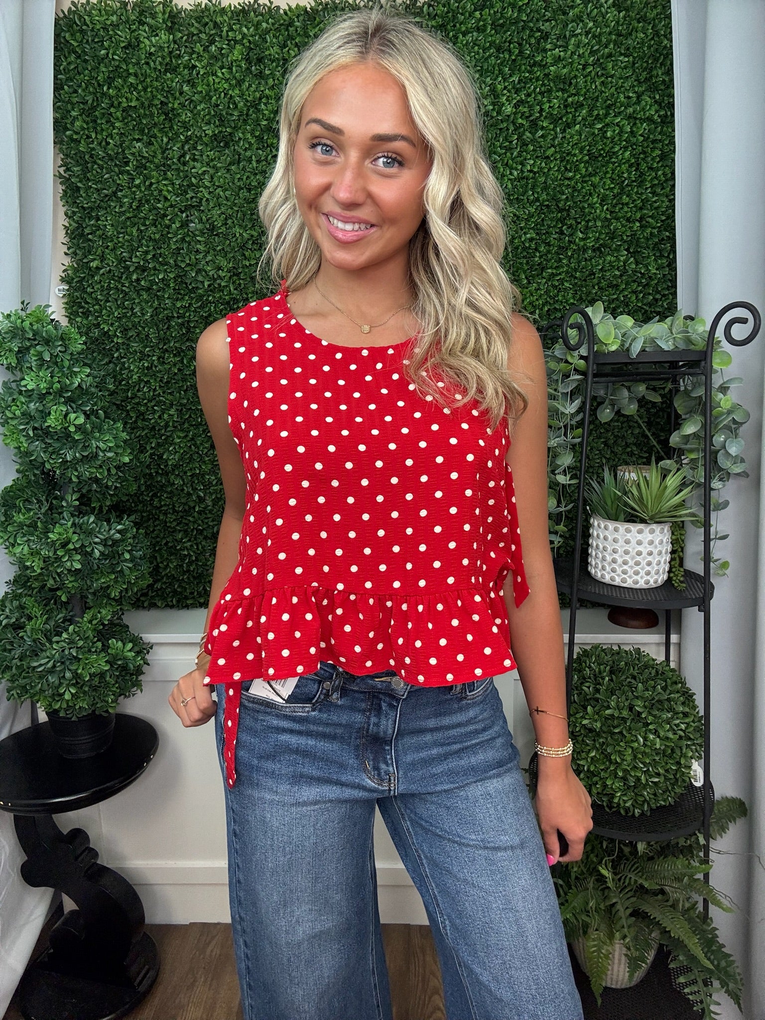 Red Polka Dot Ruffle Peplum Top