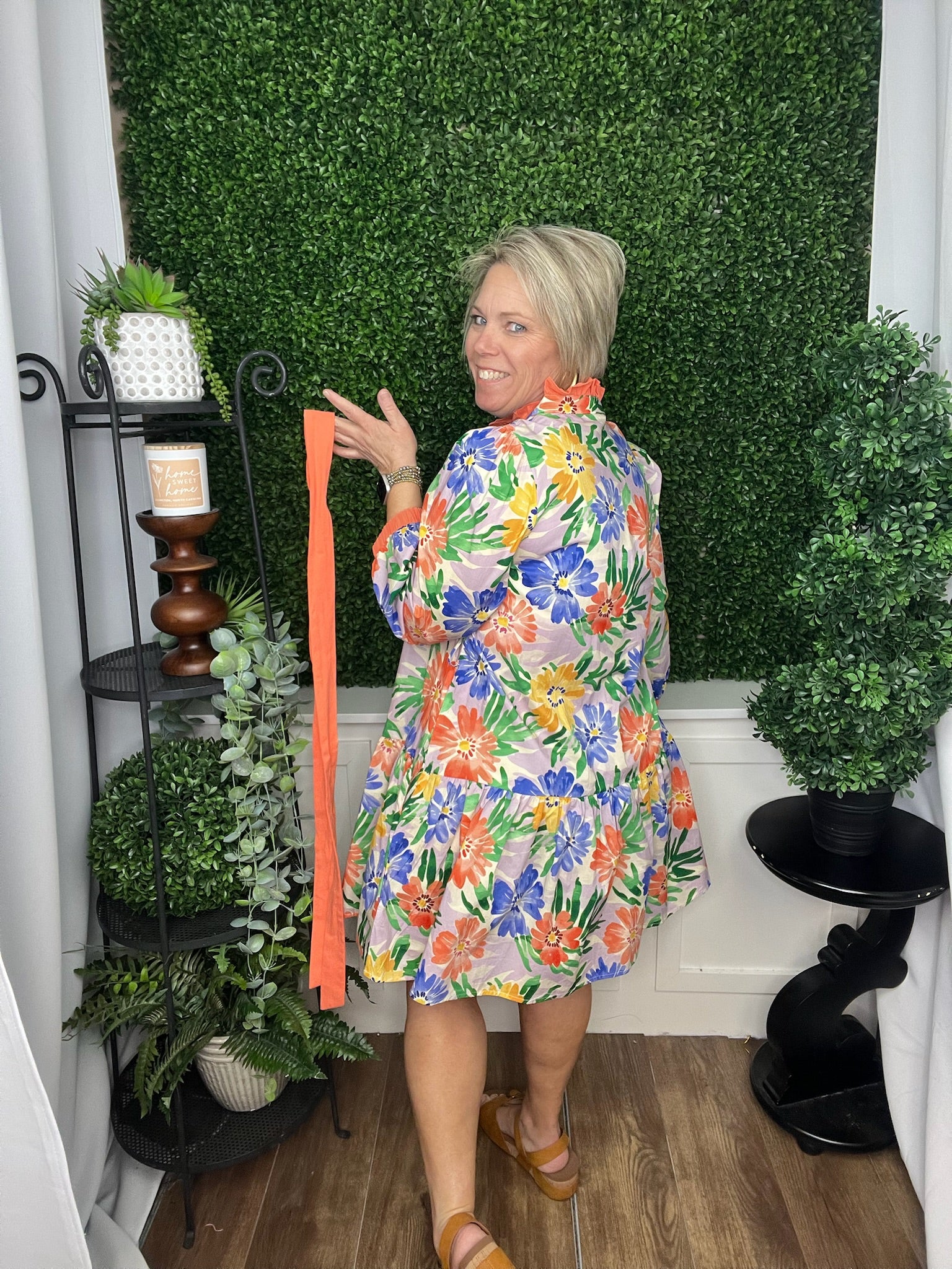 WAIST TIE FLORAL TIERED RESS - CORAL MIX