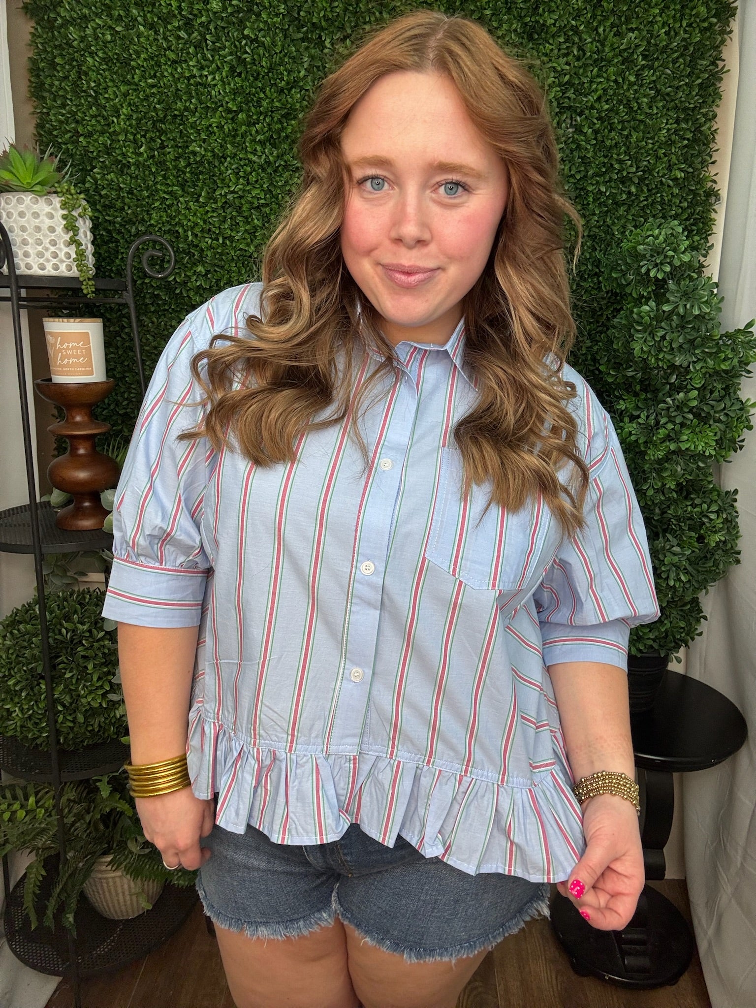 Skyline Stripe Ruffle Hem Blouse