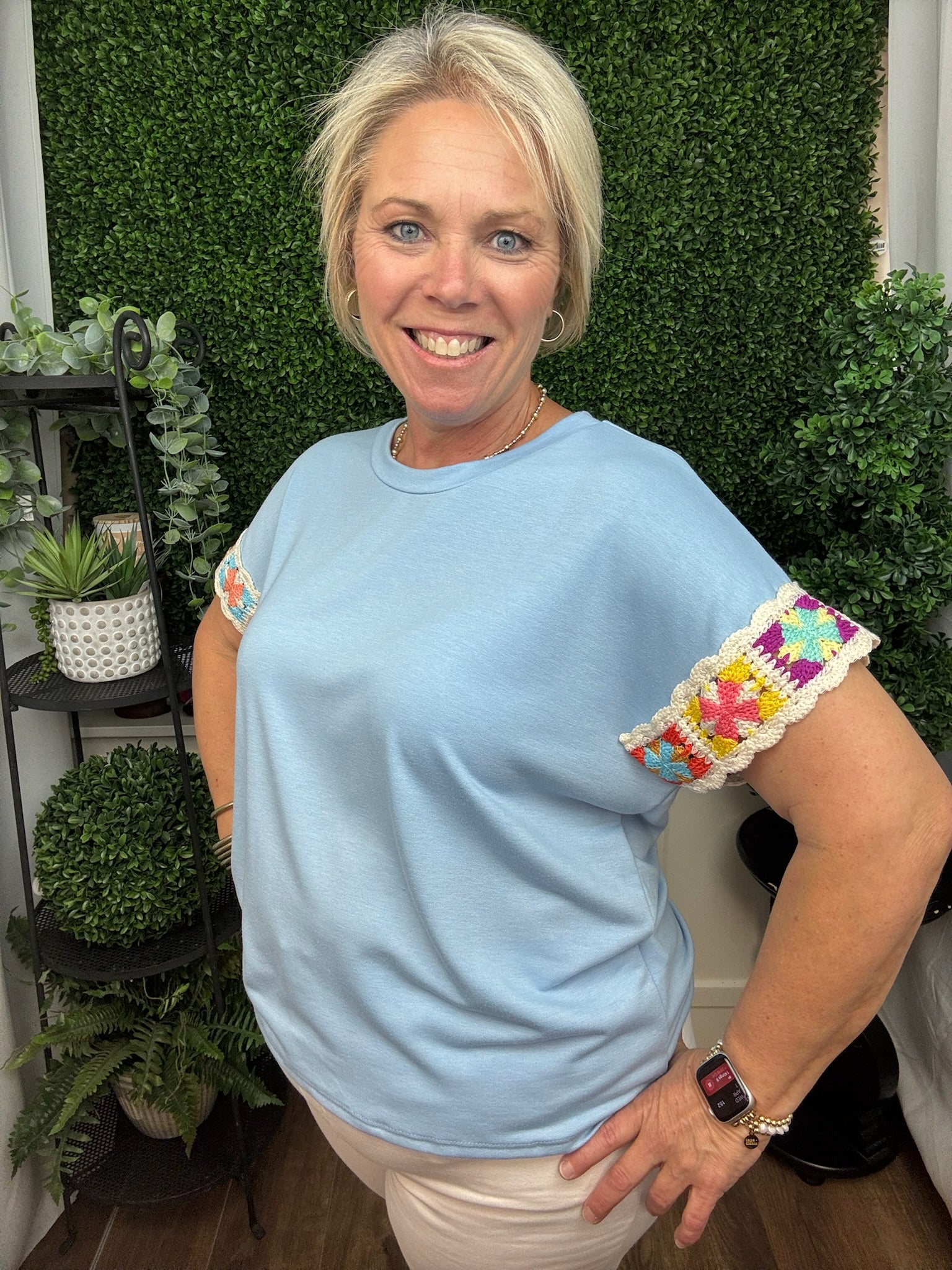 Sky Breeze Crochet Sleeve Tee