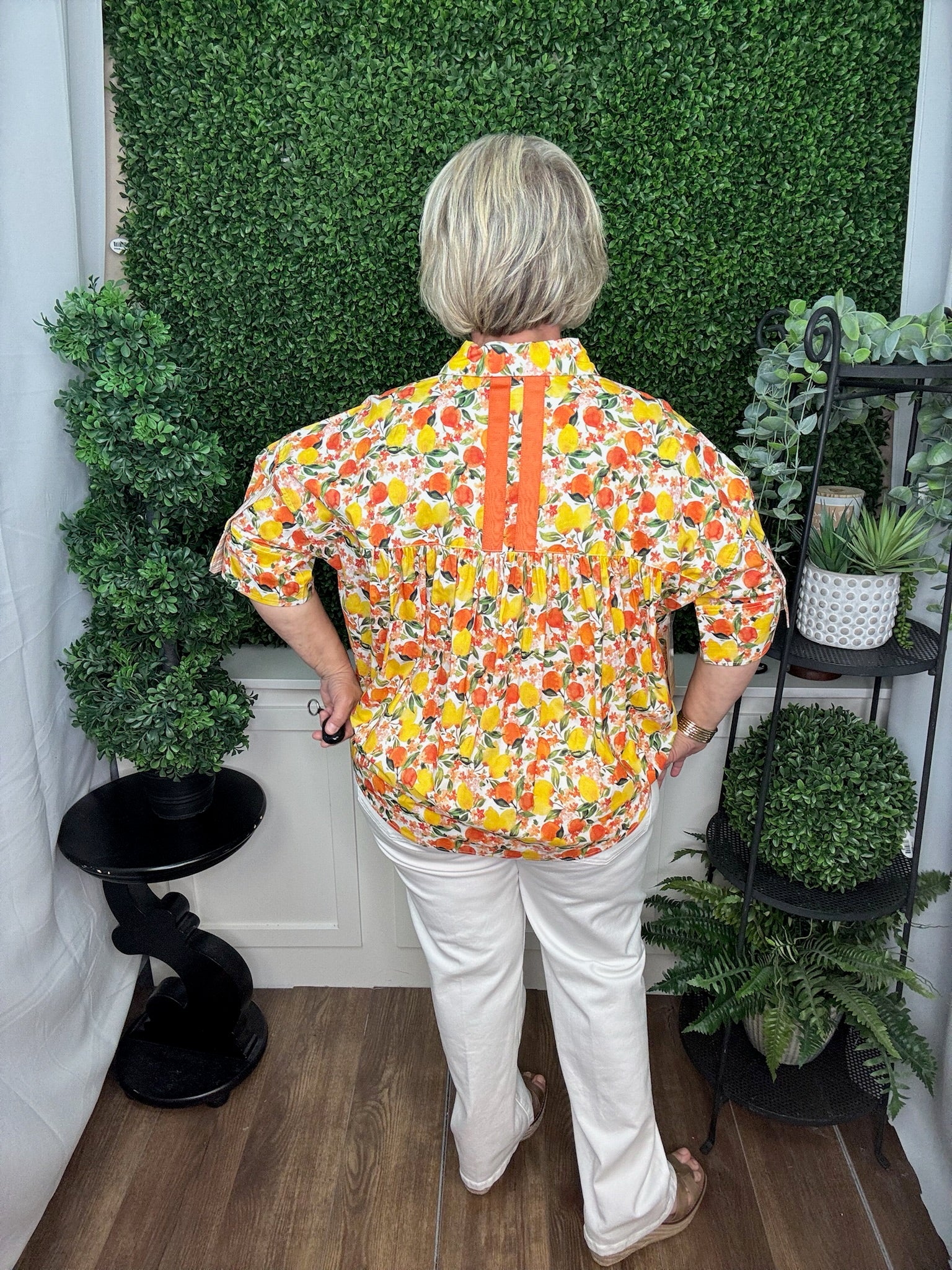 BOXY BUTTON UP WITH RIBBON TRIM TOP - MULTI