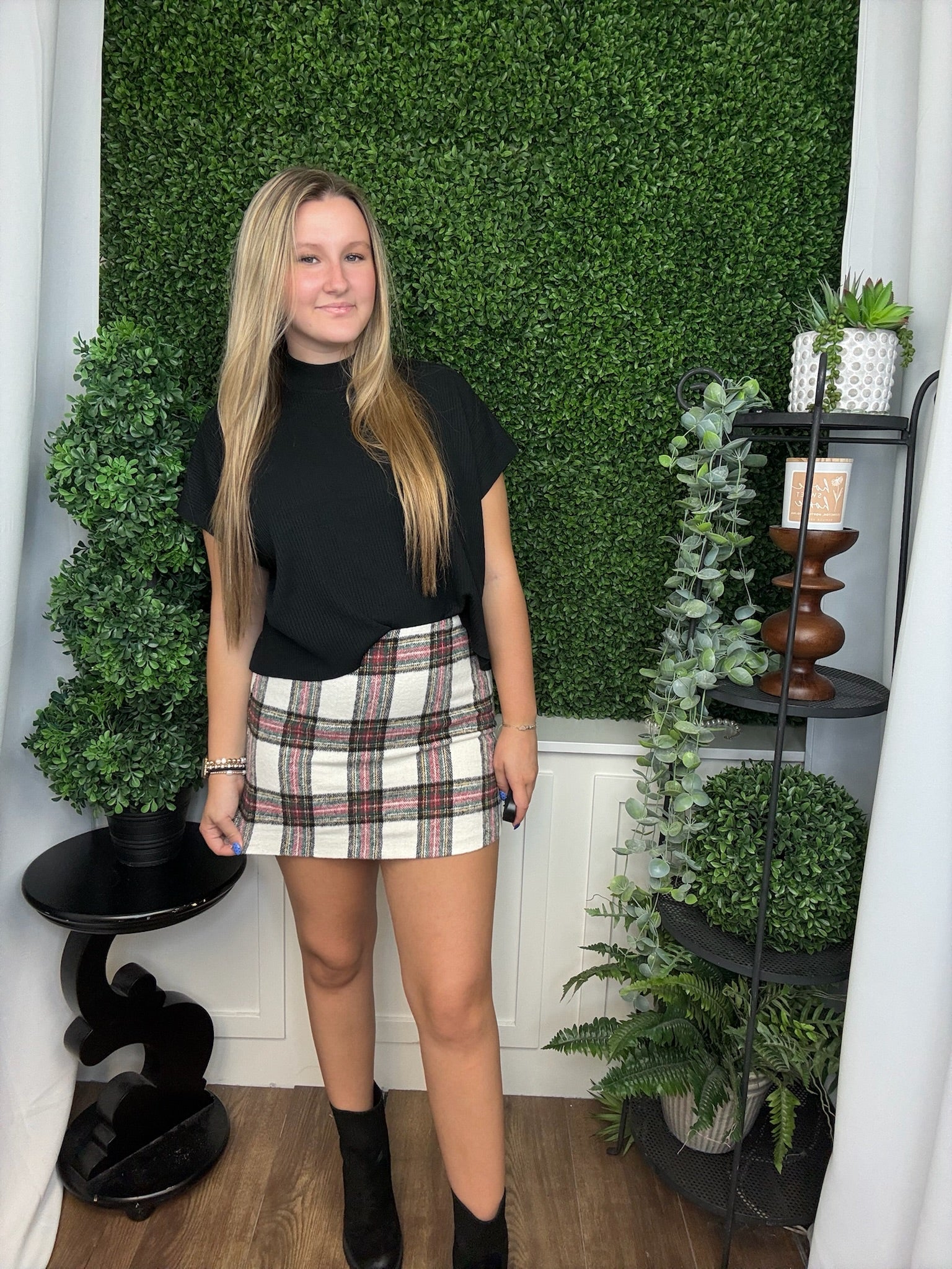 BRUSHED PLAID MINI SKIRT - CREAM COMBO