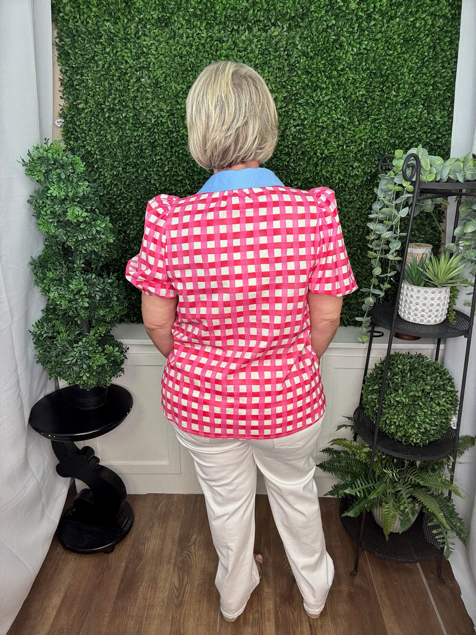 Gingham Puff Sleeve Contrast Collar Blouse