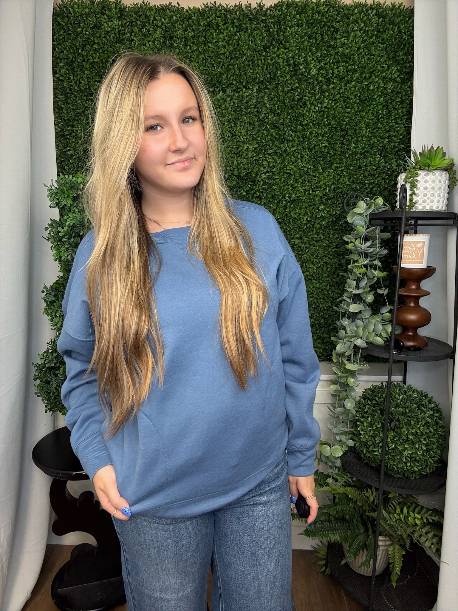 OVERSIZED CASUAL COMFY SOLID KNIT TOP - DENIM