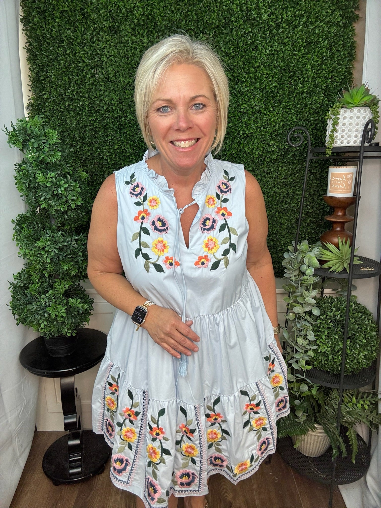 Embroidered Floral Tassel Tiered Dress