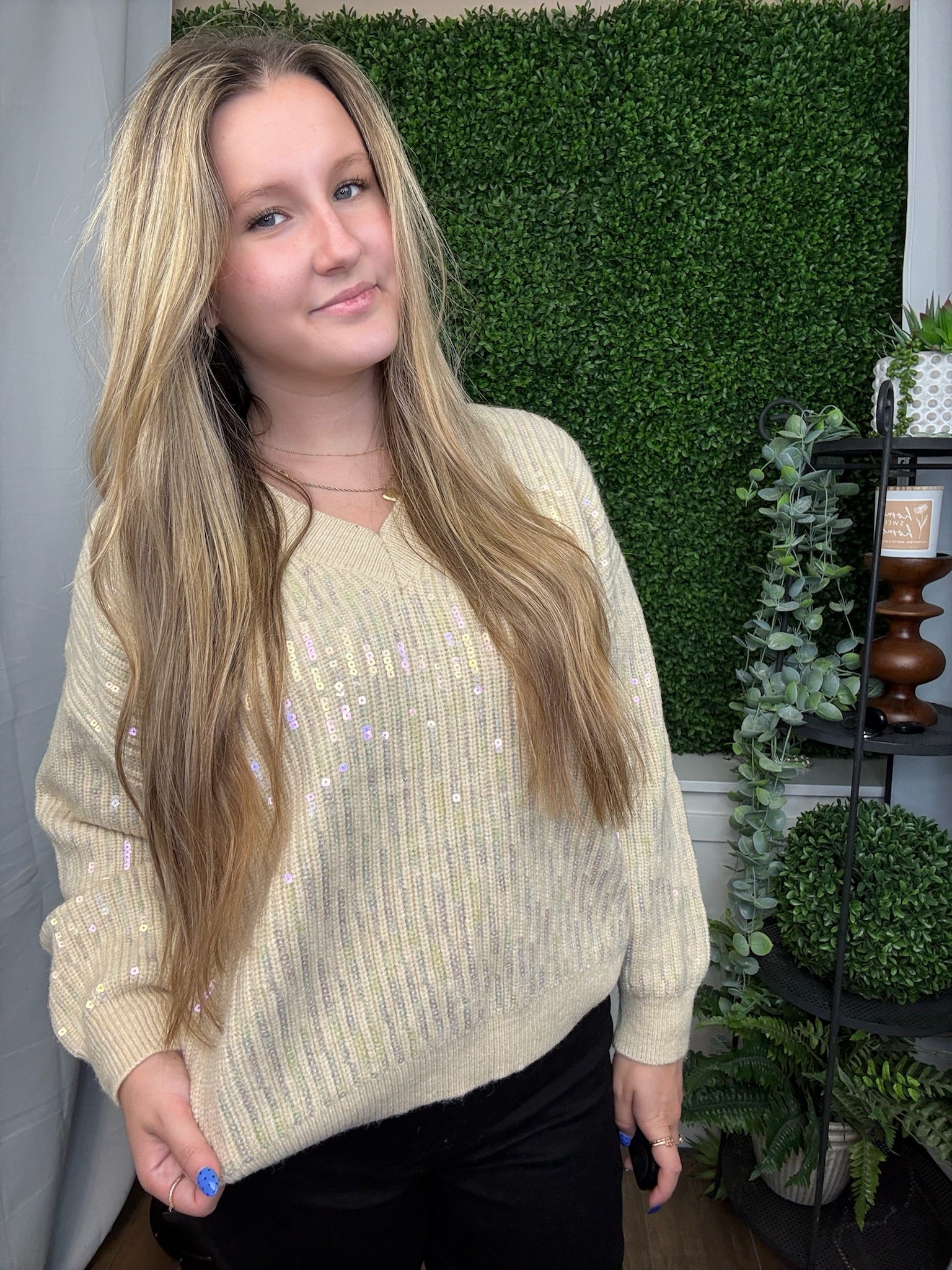 HOLIDAY CLEAR SEQUINS CHRISTMAS VNECK SWEATER TOP - OATMEAL