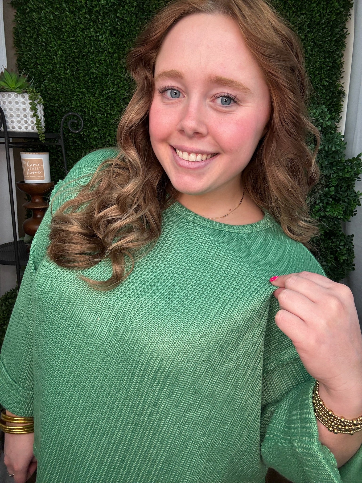3/4 FOLDED SLEEVE KNIT TOP - GREEN