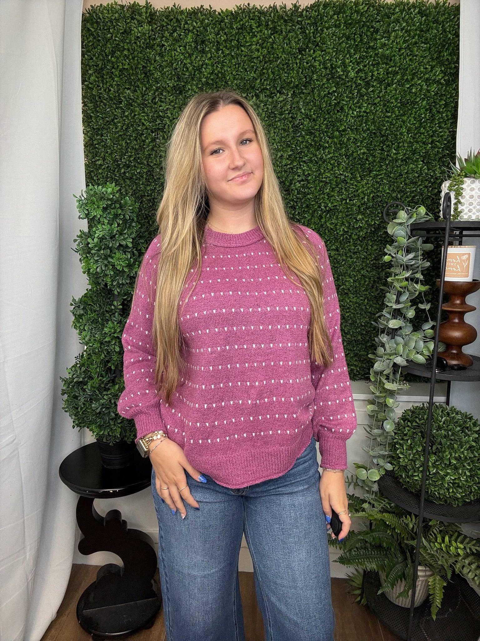 DOTTED STRIPED PULLOVER SWEATER - MAGENTA