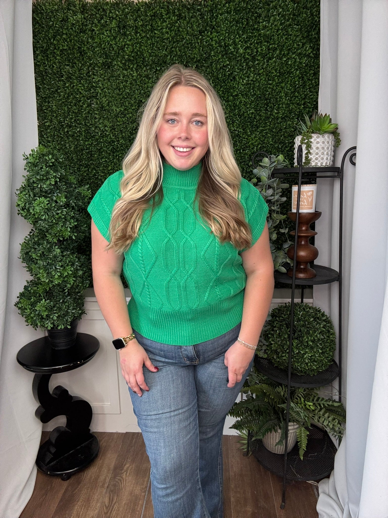 DIAMOND/CABLE KNIT CAP SLV SWEATER - KELLY GREEN