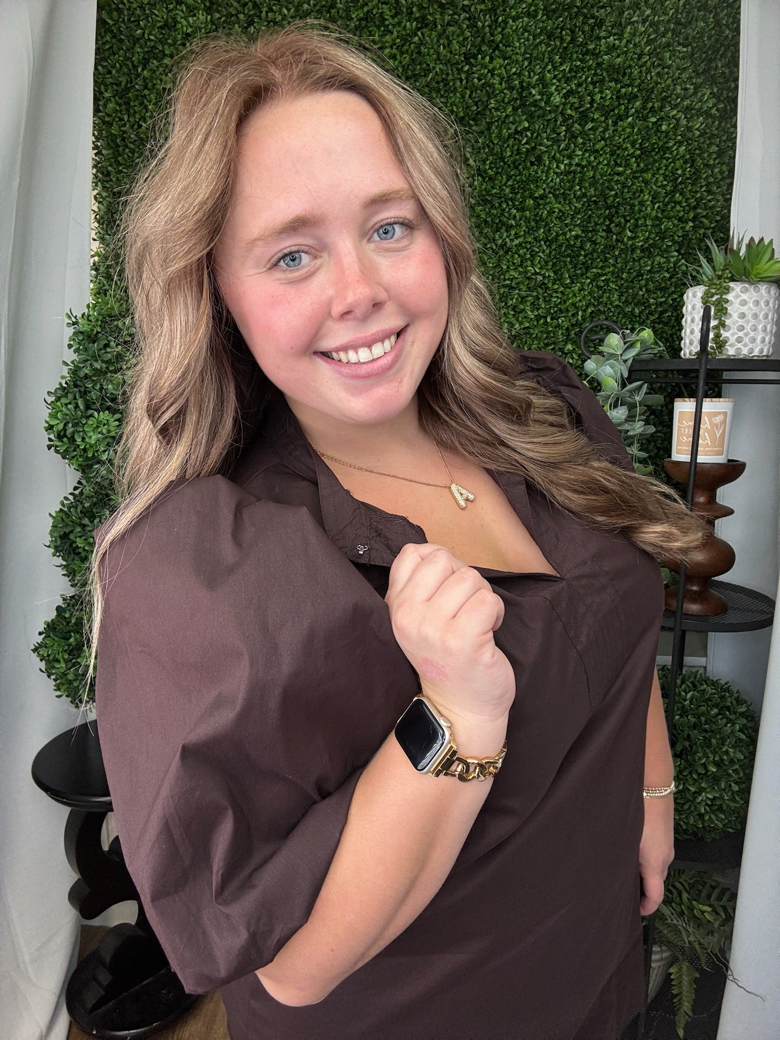 CHINA COLLAR V-NECK BUBBLE SLV MINI DRESS - BROWN