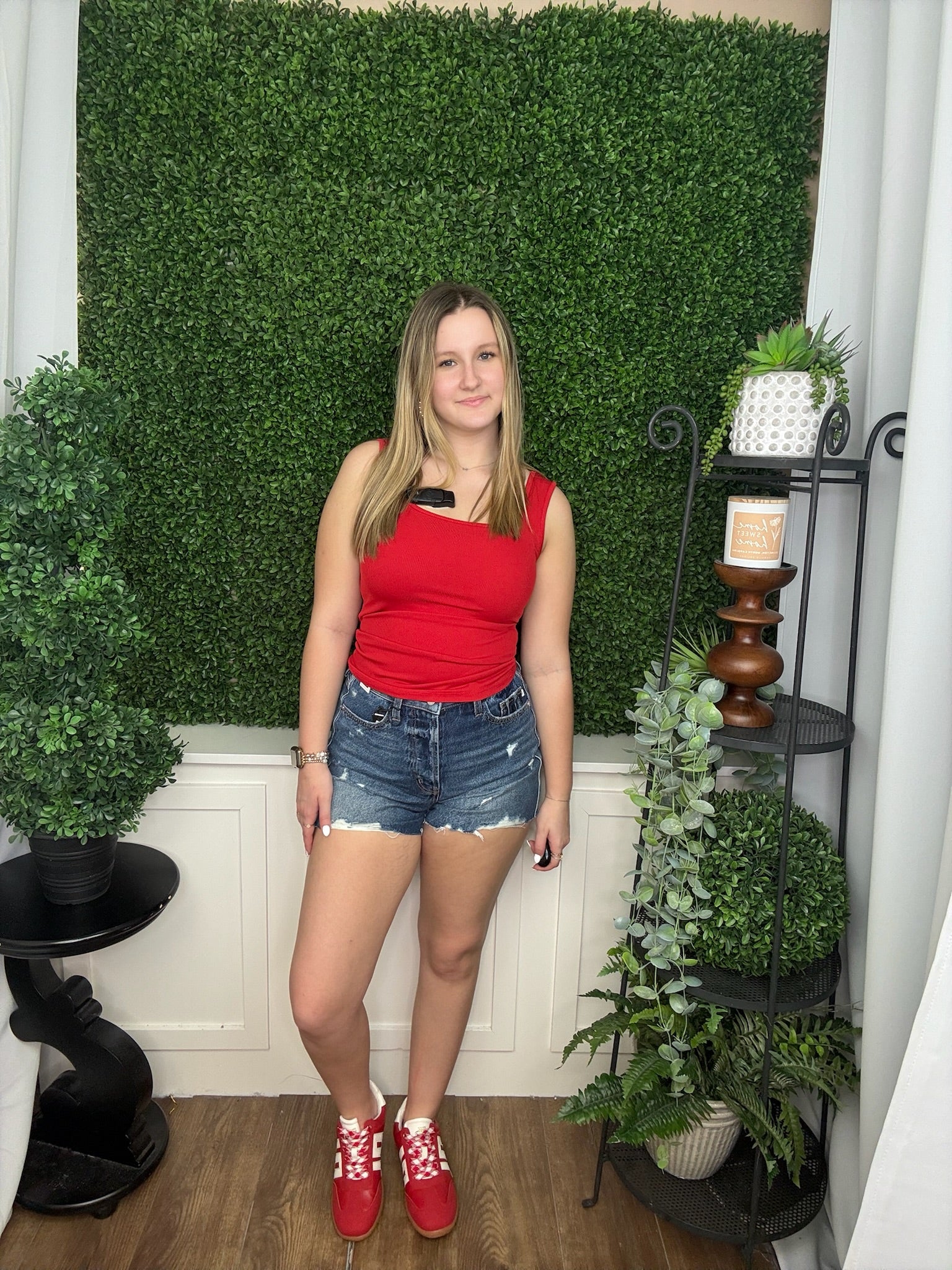 BELLA SQUARE NECK RIB KNIT TANK - RED