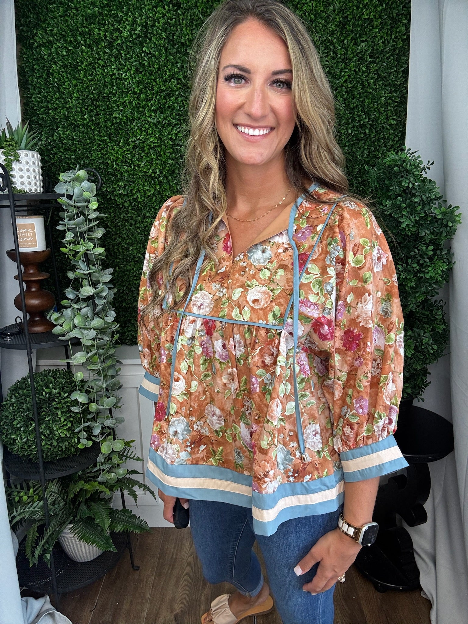 VINTAGE FLORAL PATTERN 3/4 SLEEVE LOOSE TOP - TERRACOTTA