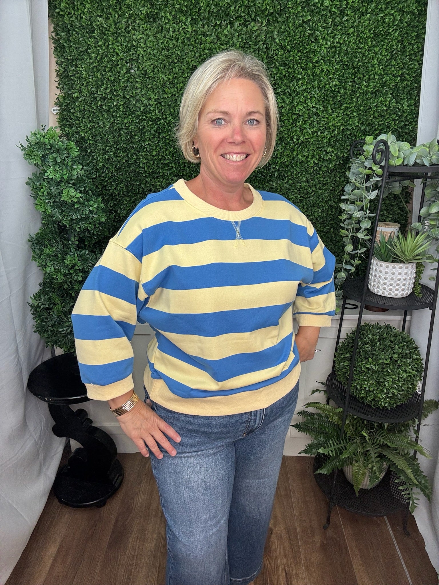 Blue and Yellow Striped Cropped Sweatshirt