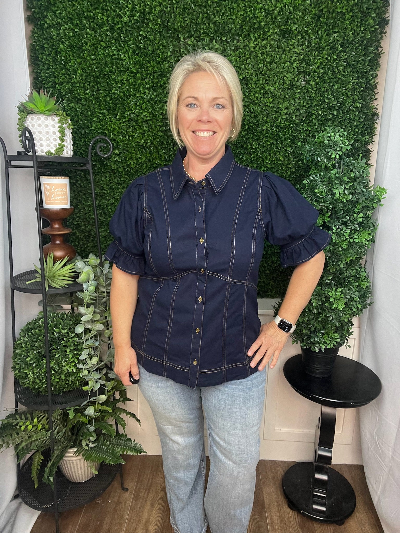 Contrast Stitch Panel Puff Sleeve Blouse