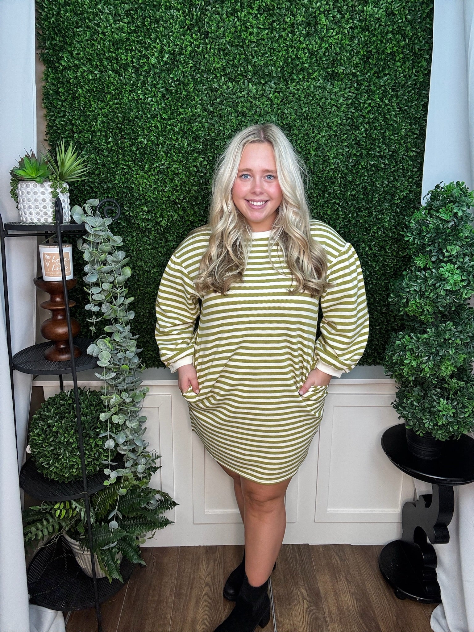 STRIPED BUBBLE SLEEVES DRESS - AVOCADO