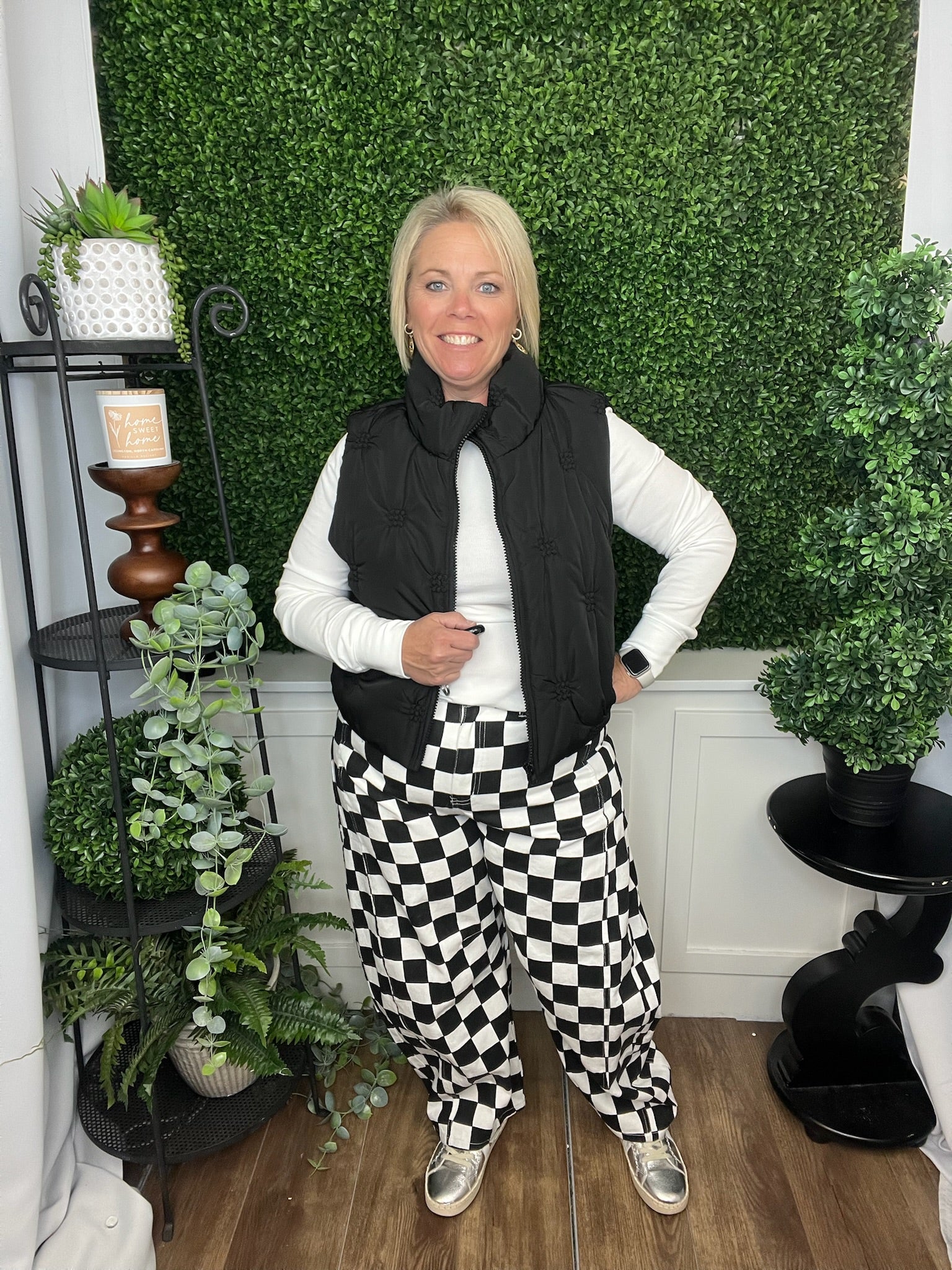 CHECKERED PRINTED BARREL DEMIN PANT BLACK COMBO