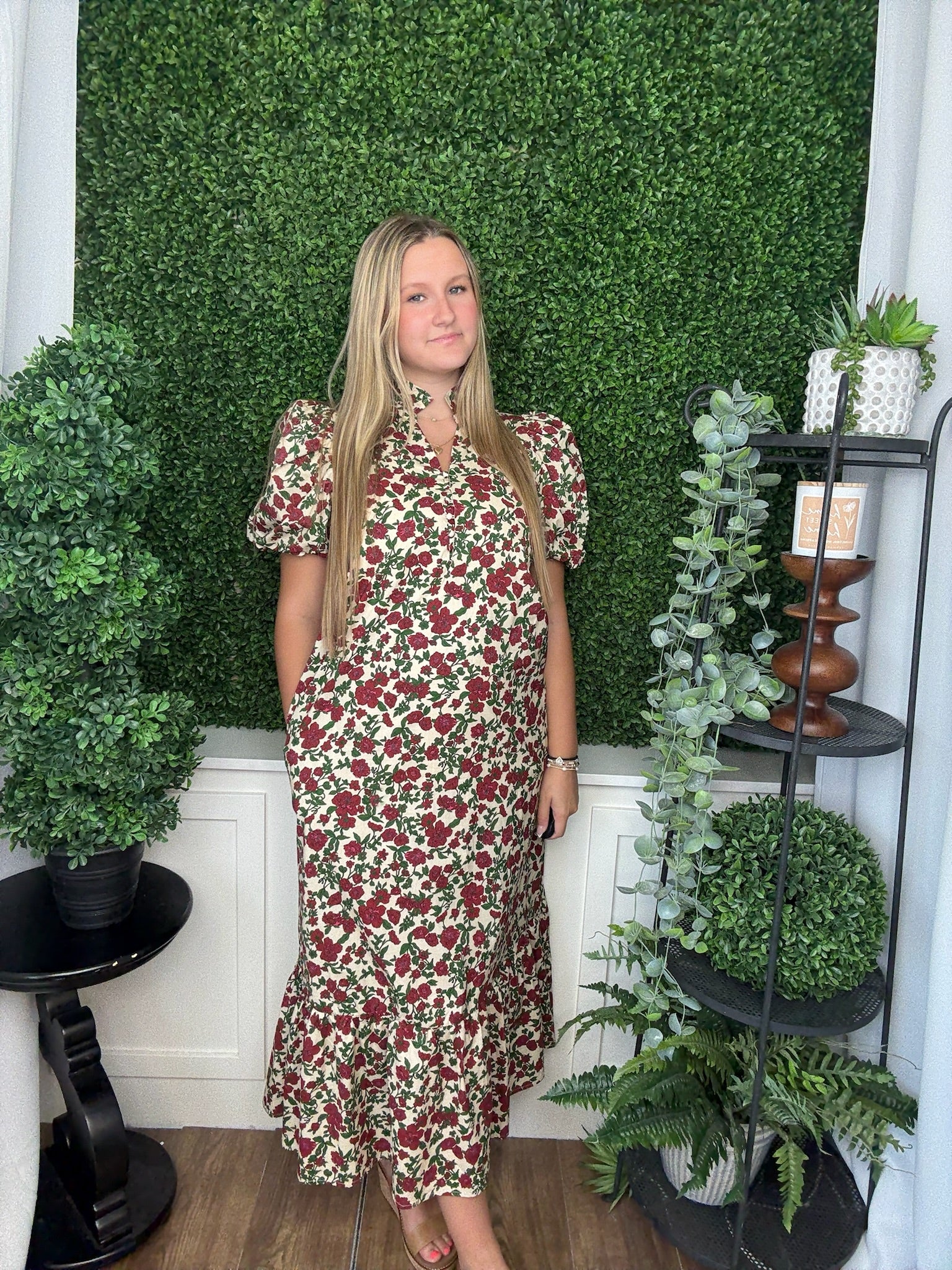 FLORAL PRINT BUBBLE SLEEVE MIDI DRESS- ECRU