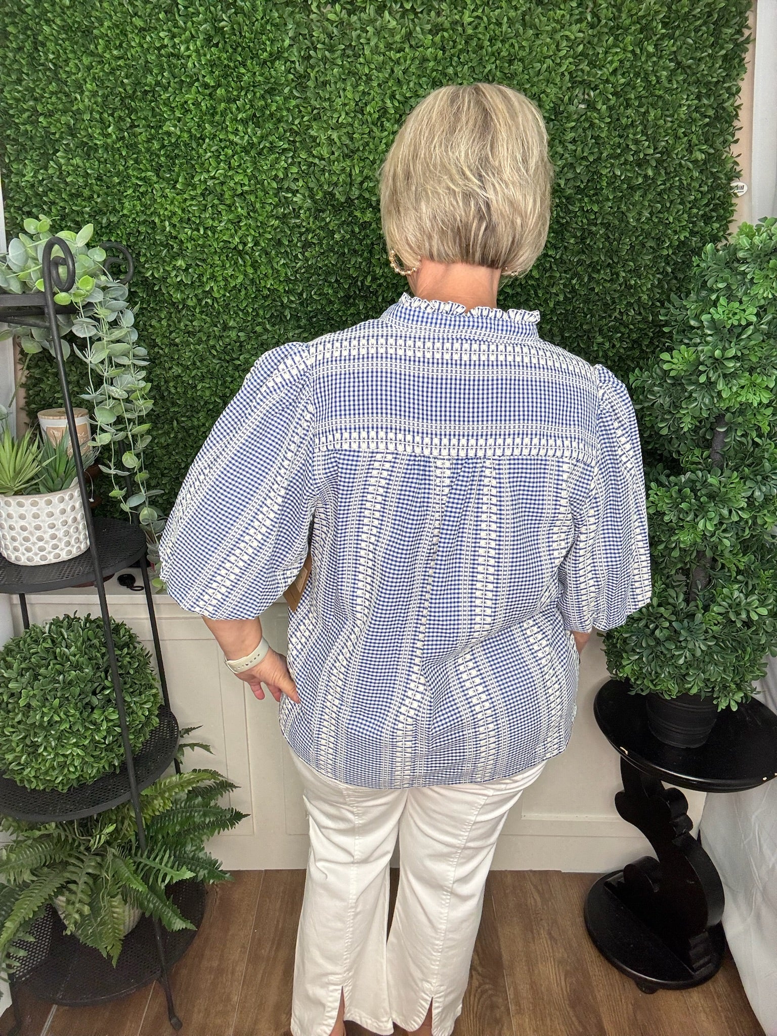 SPLIT NECK BALLOON SLEEVE TOP - BLUE