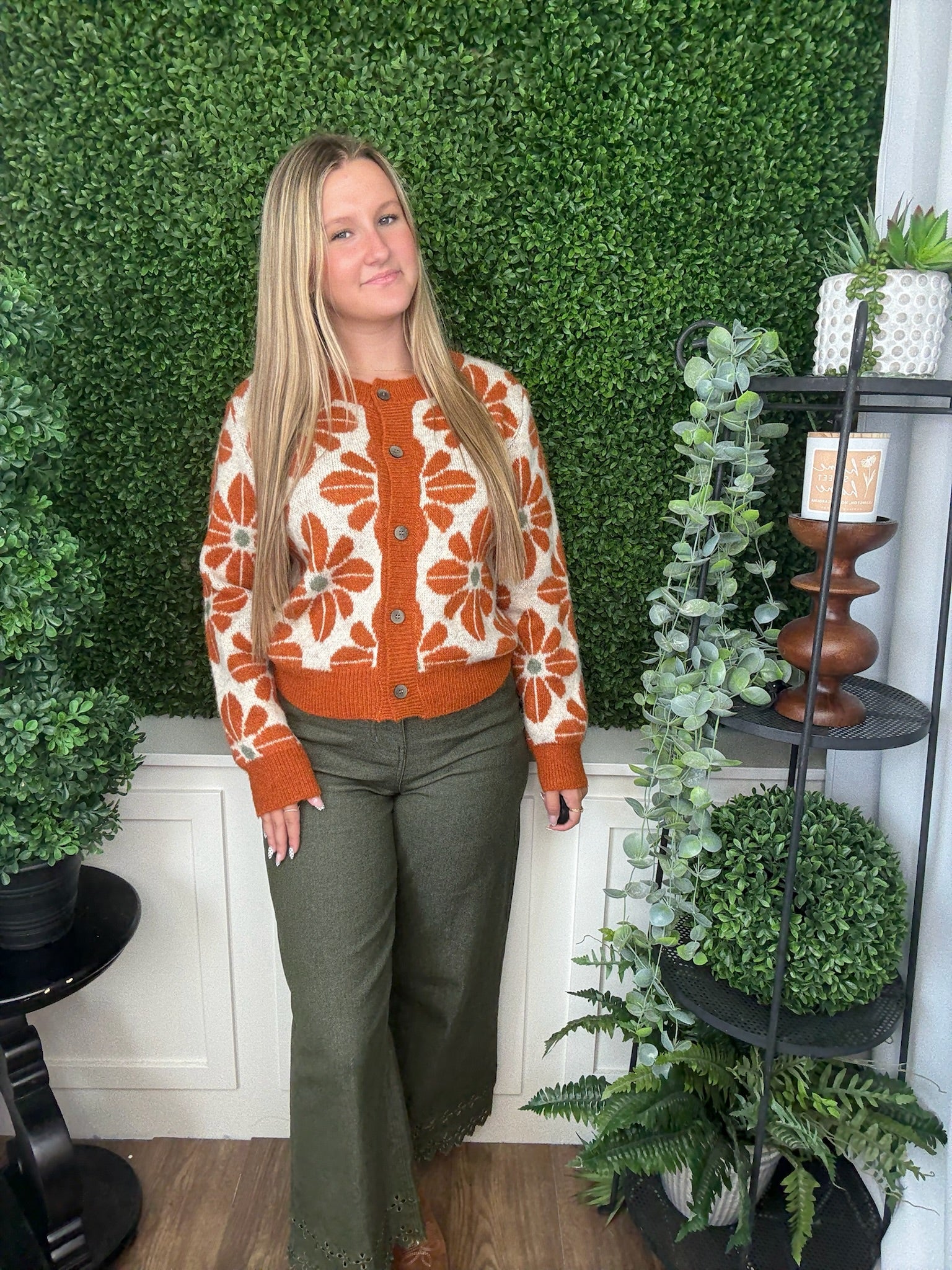 PATTERNED KNIT BUTTON FRONT JACKET - RUST