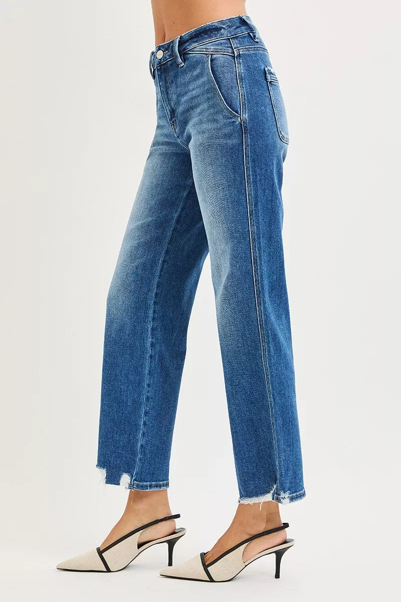 High Rise Ankle Straight Distressed Hem Detail - Dark