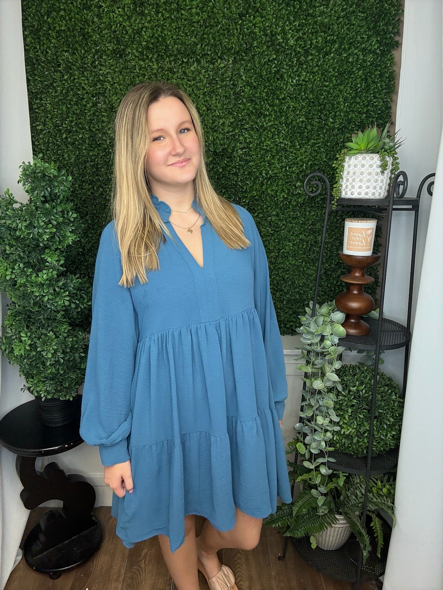 RUFFLE V-NECK TIERED LS DRESS - DUSTY BLUE