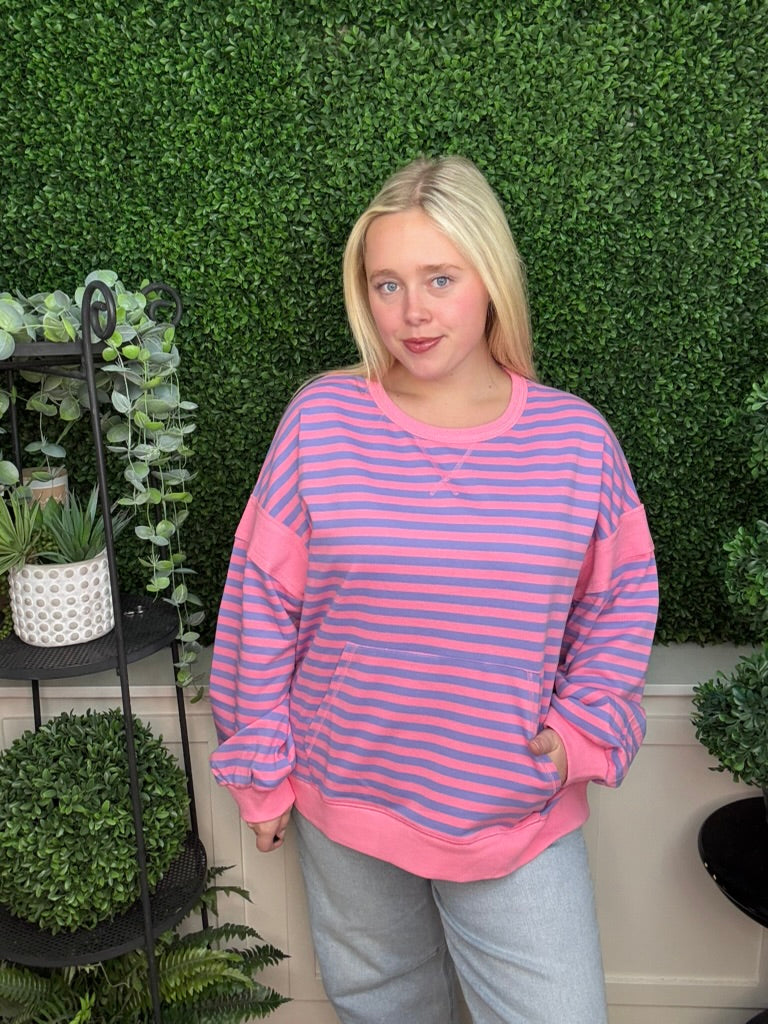 STRIPED COLOR BLOCK POCKET SWEATSHIRT - RED CREAM/ PINK LAVENDER/ ROYAL BLUE OAT