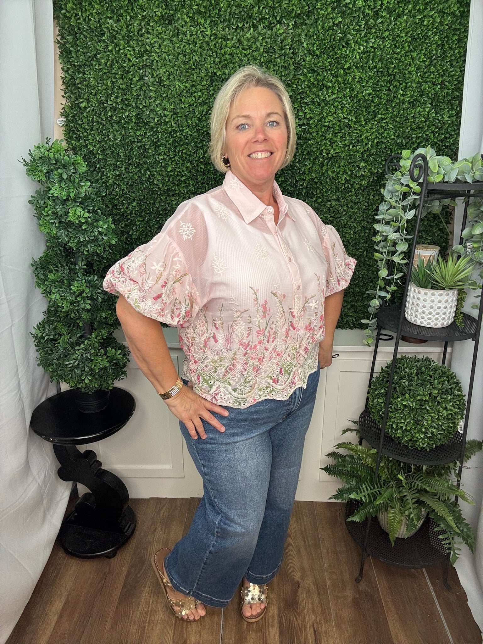 Yoryu Chiffon Embroidered Button Front Blouse Floral