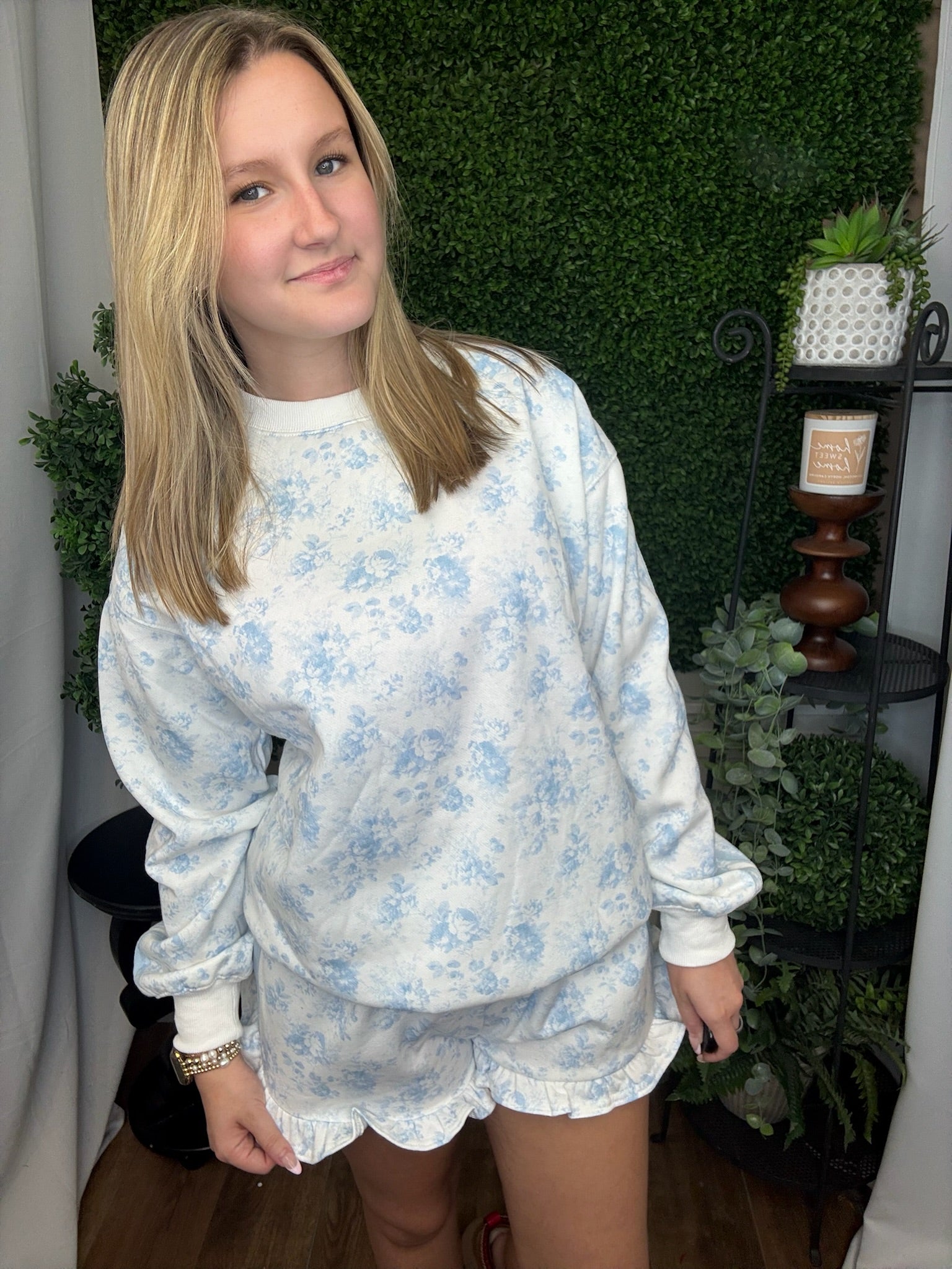 SINGLE TONE FLORAL PRINTED FRENCH TERRY TOP - LIGHT BLUE