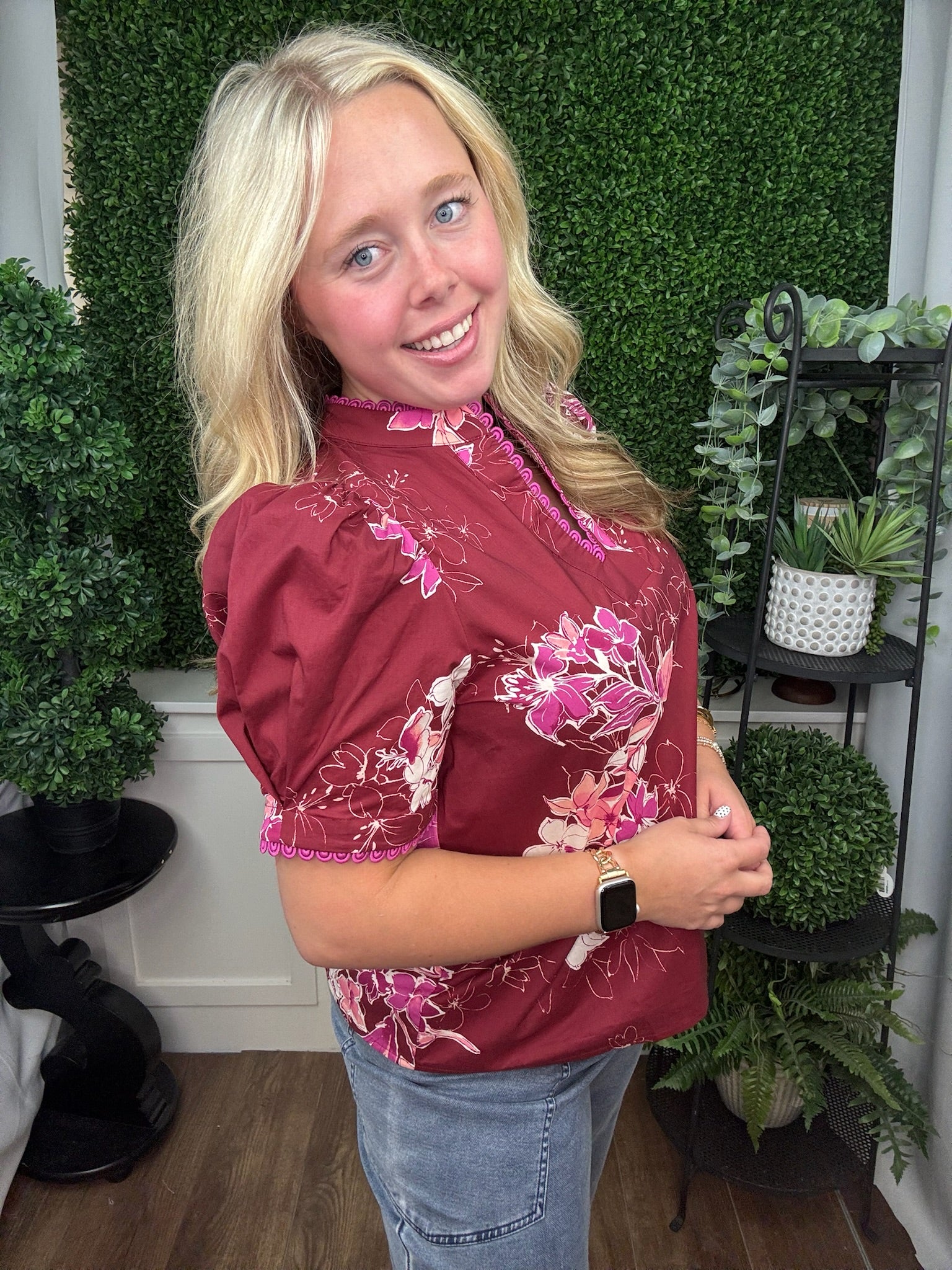 FLORAL PRINT PUFF SLEEVE BLOUSE - BURGUNDY/CHOCOLATE