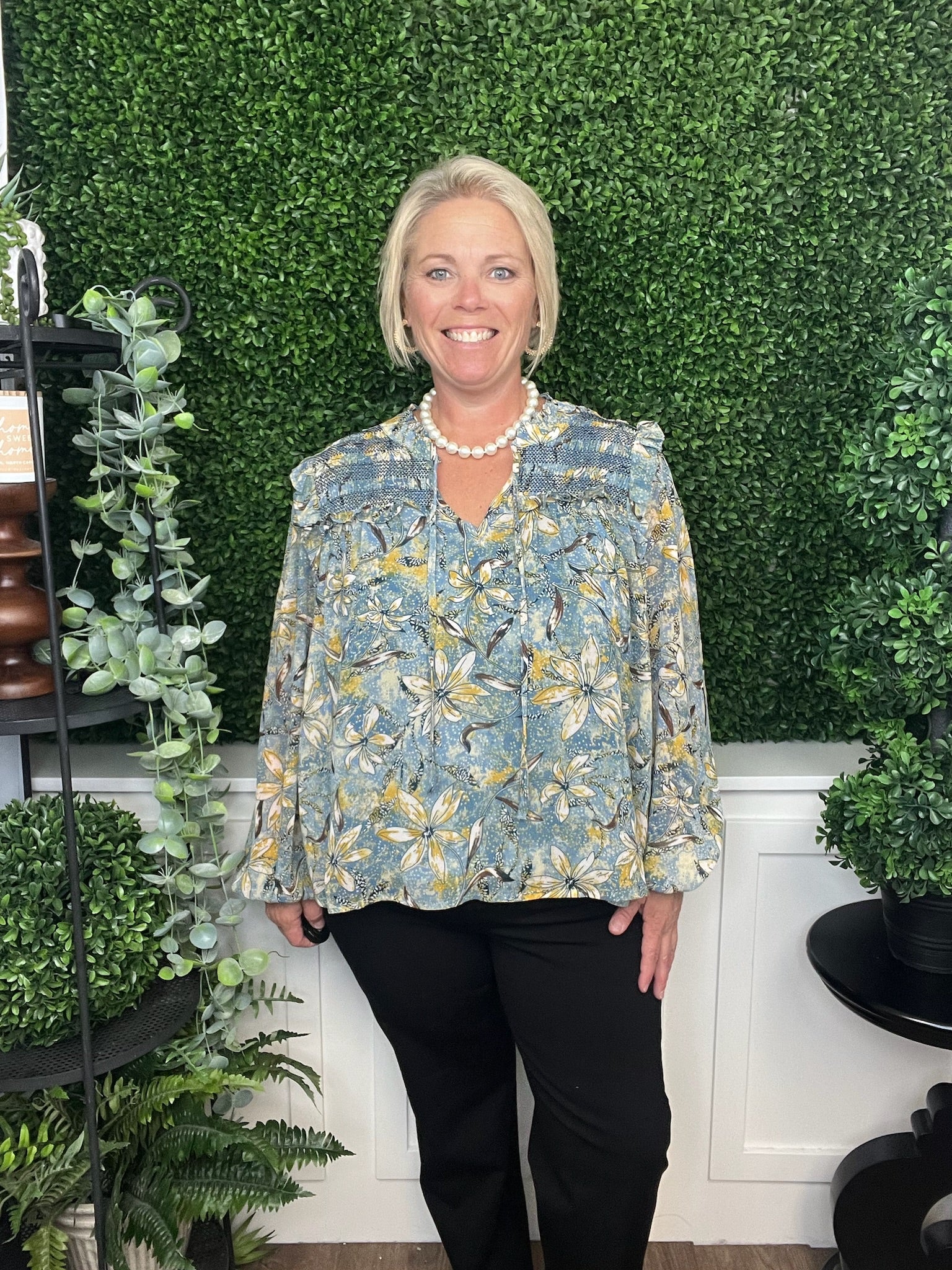 FLORAL PRINT SMOCKED TOP - INDIGO MULTI FLORAL