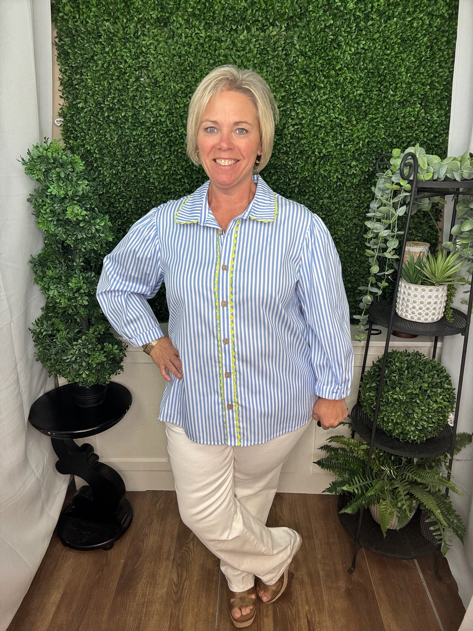 WOVEN BUTTON FRONT W/RICK RACK TRIM DETAILS - BLUE STRIPE