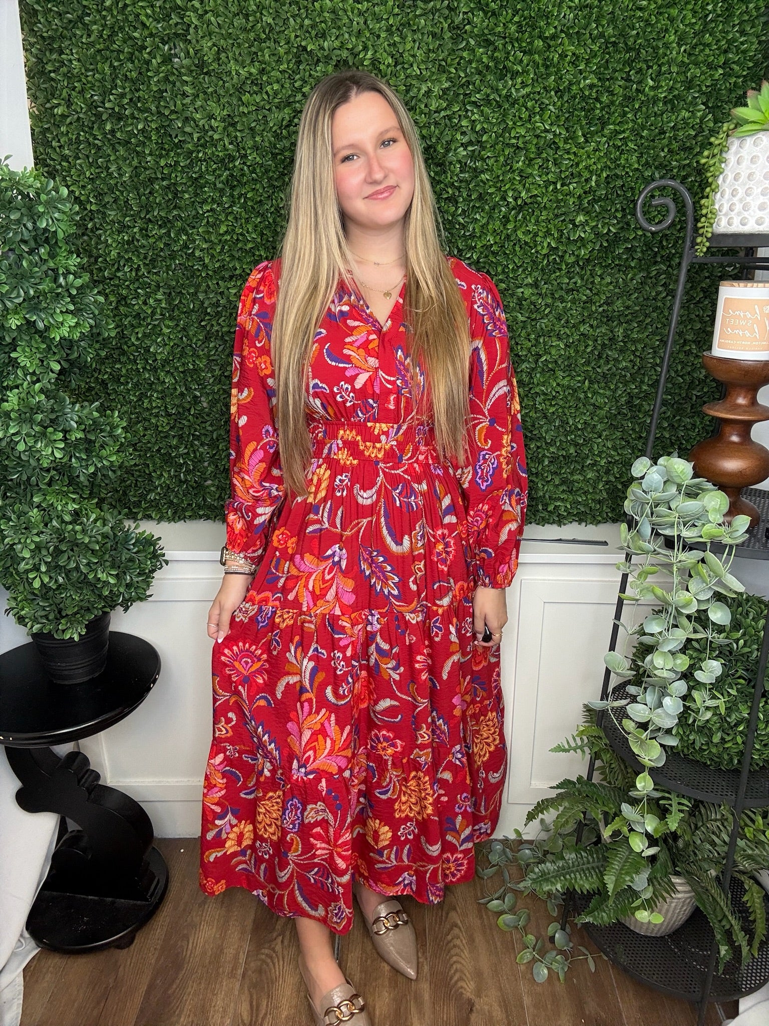 FLORAL PRINTED LS MIDI DRESS W/ELASTIC WAIST - RED