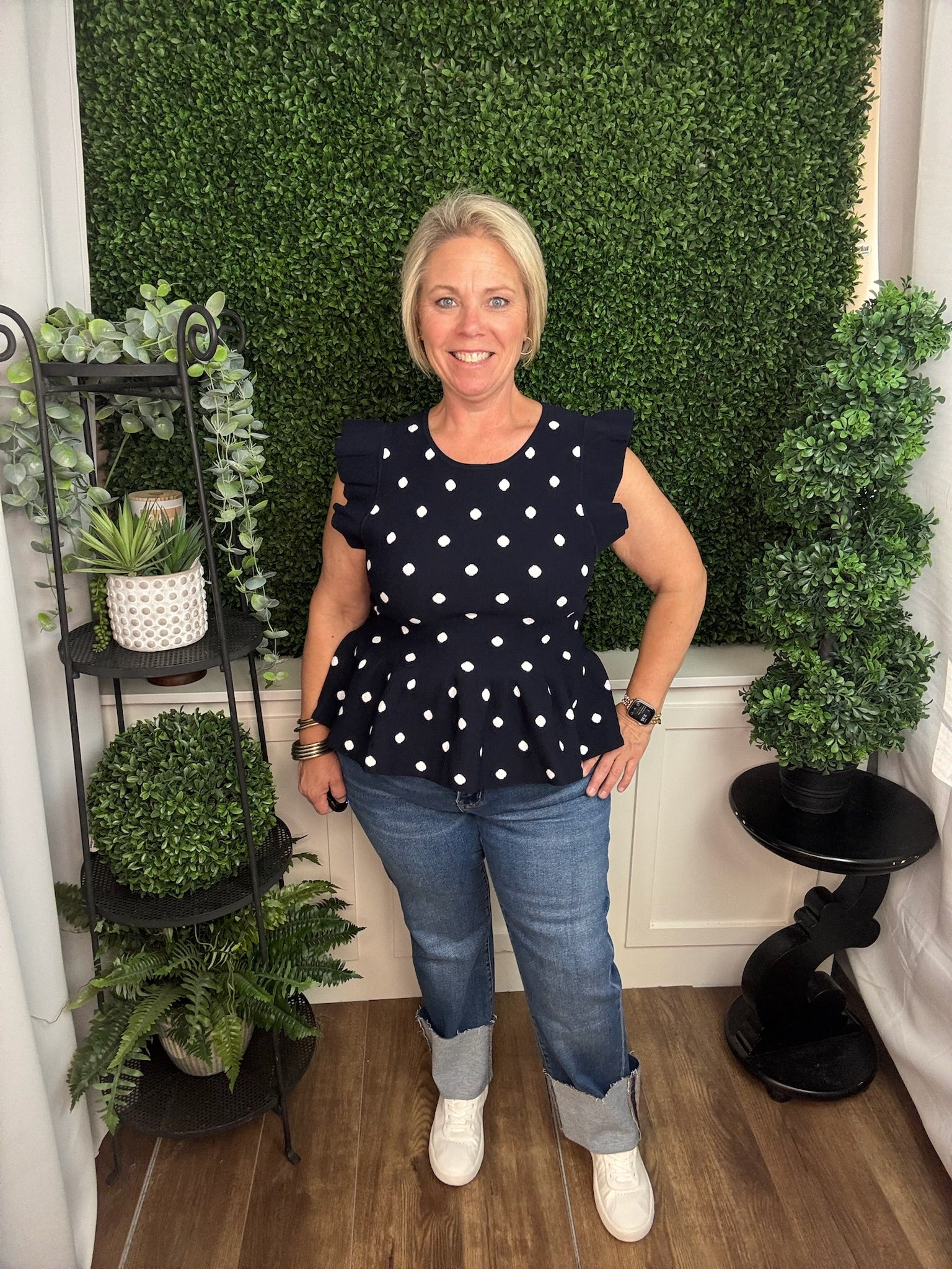 Navy Polka Dot Ruffle Sleeve Peplum Top
