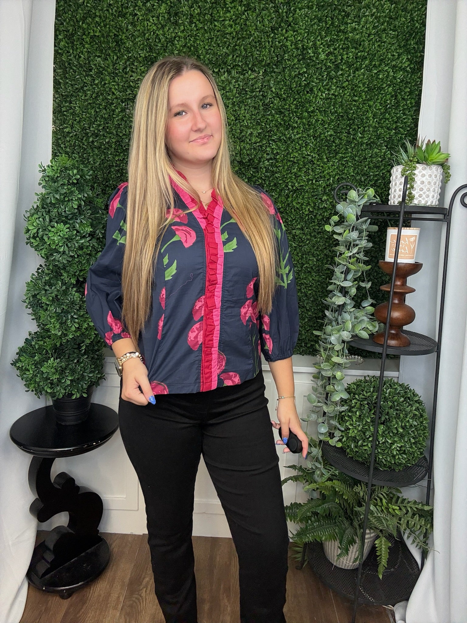 FLORAL PRINT RUFFLED NECK TOP WITH CONTRAST DETAIL