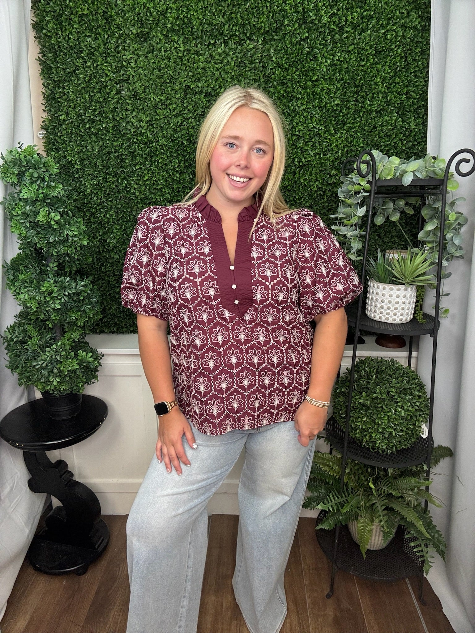GEOMETRIC PRINT PUFF SLEEVE BLOUSE - WINE