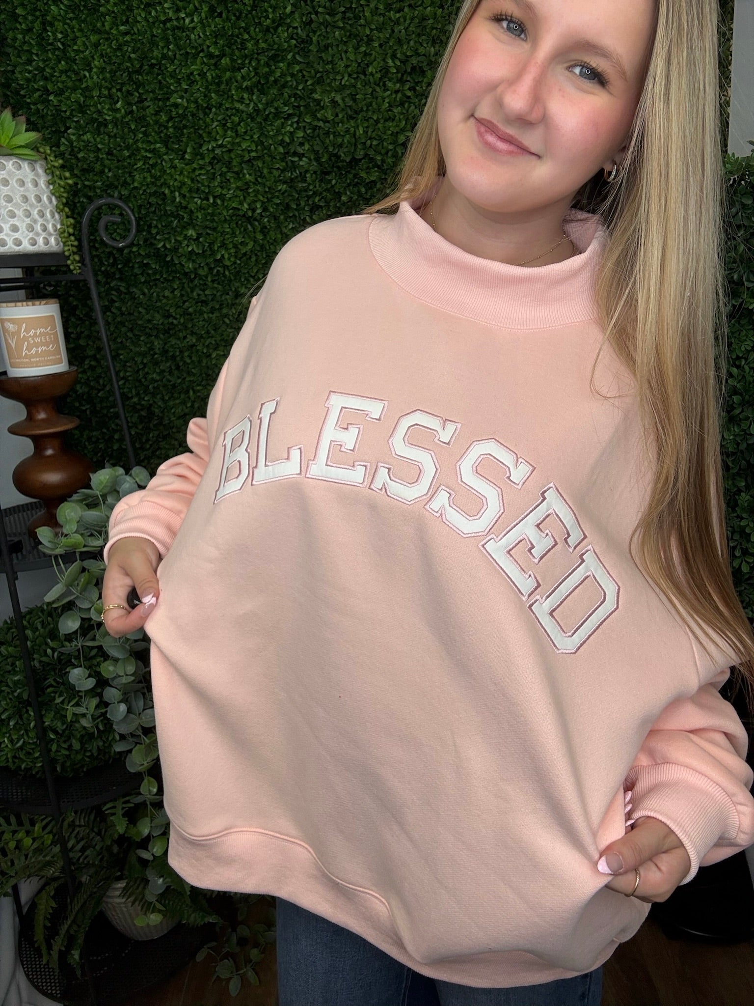 EMBROIDERED MOCK NECK SWEATSHIRT - BLESSED- BABY PINK
