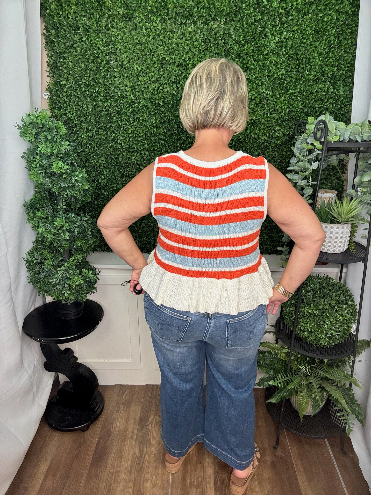 Striped Sleeveless Knit Peplum Top