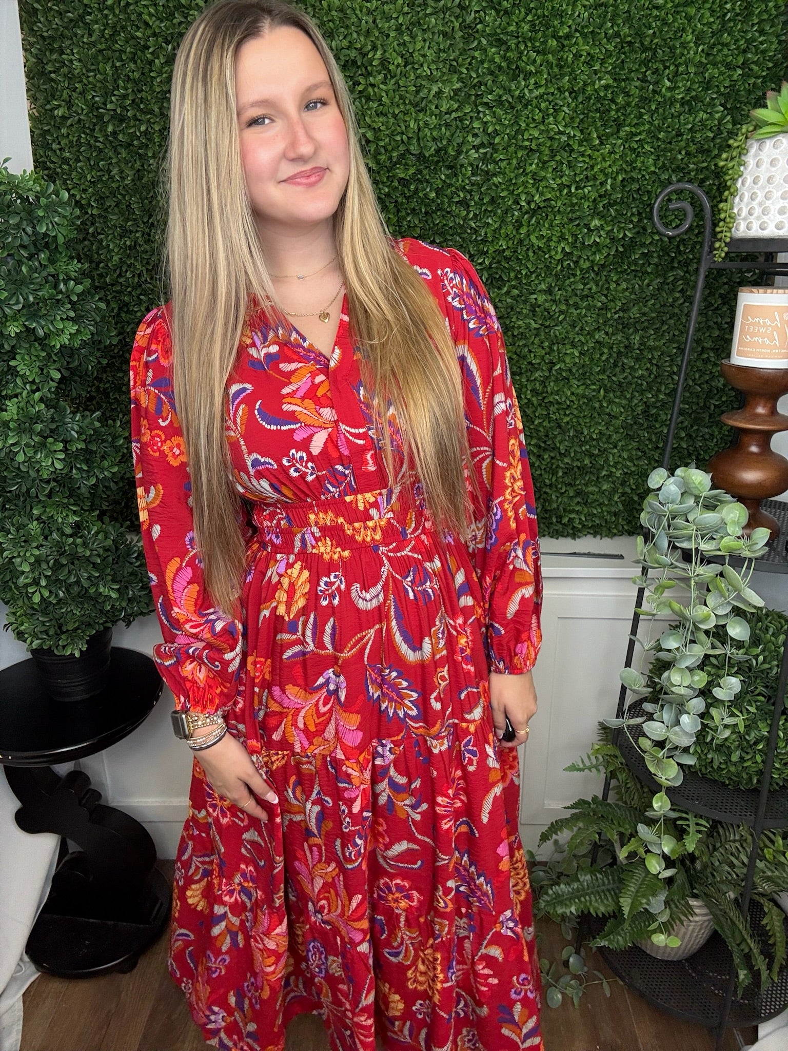 FLORAL PRINTED LS MIDI DRESS W/ELASTIC WAIST - RED