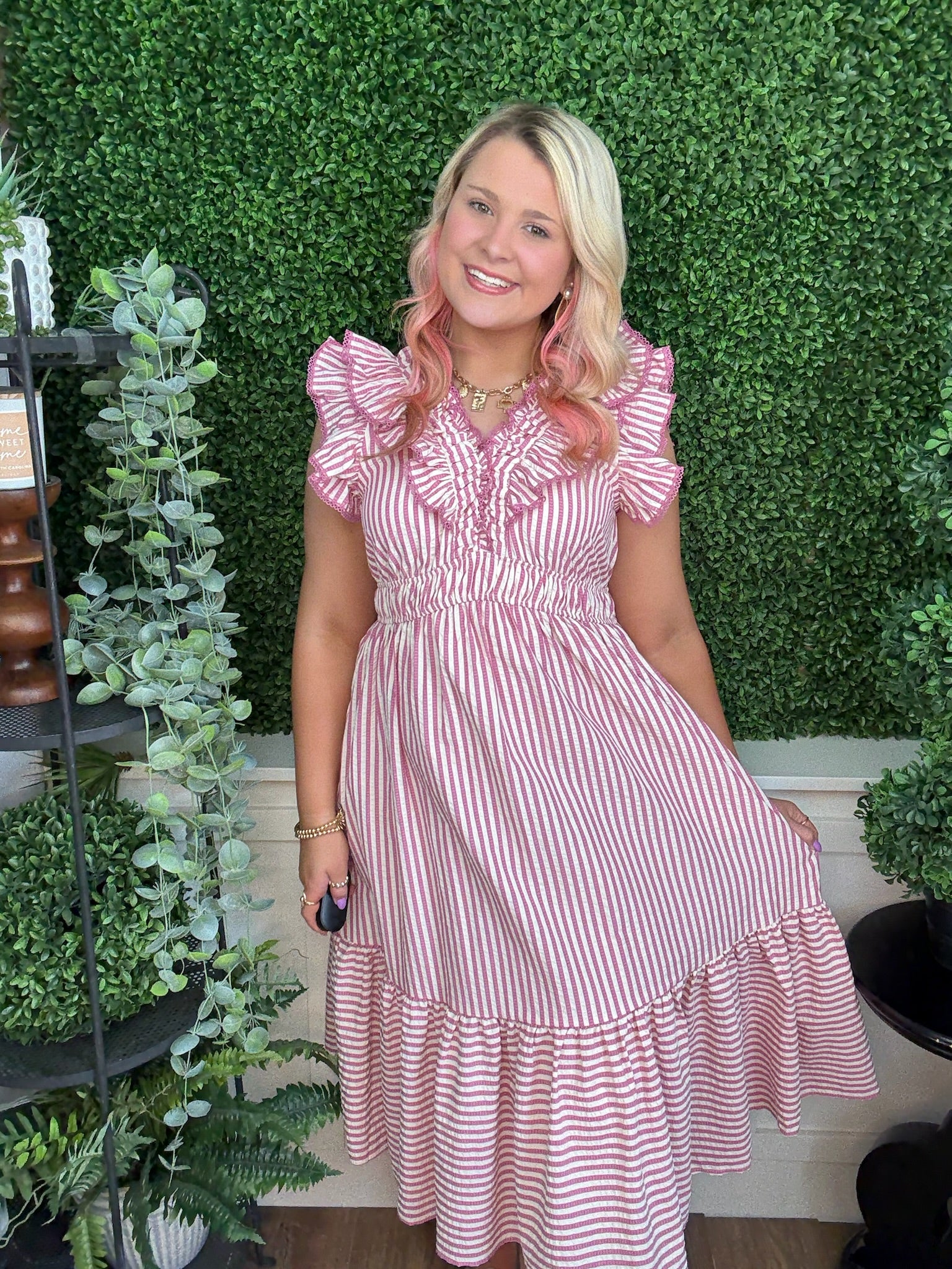 RUFFLE TRIMMED STRIPED MIDI DRESS