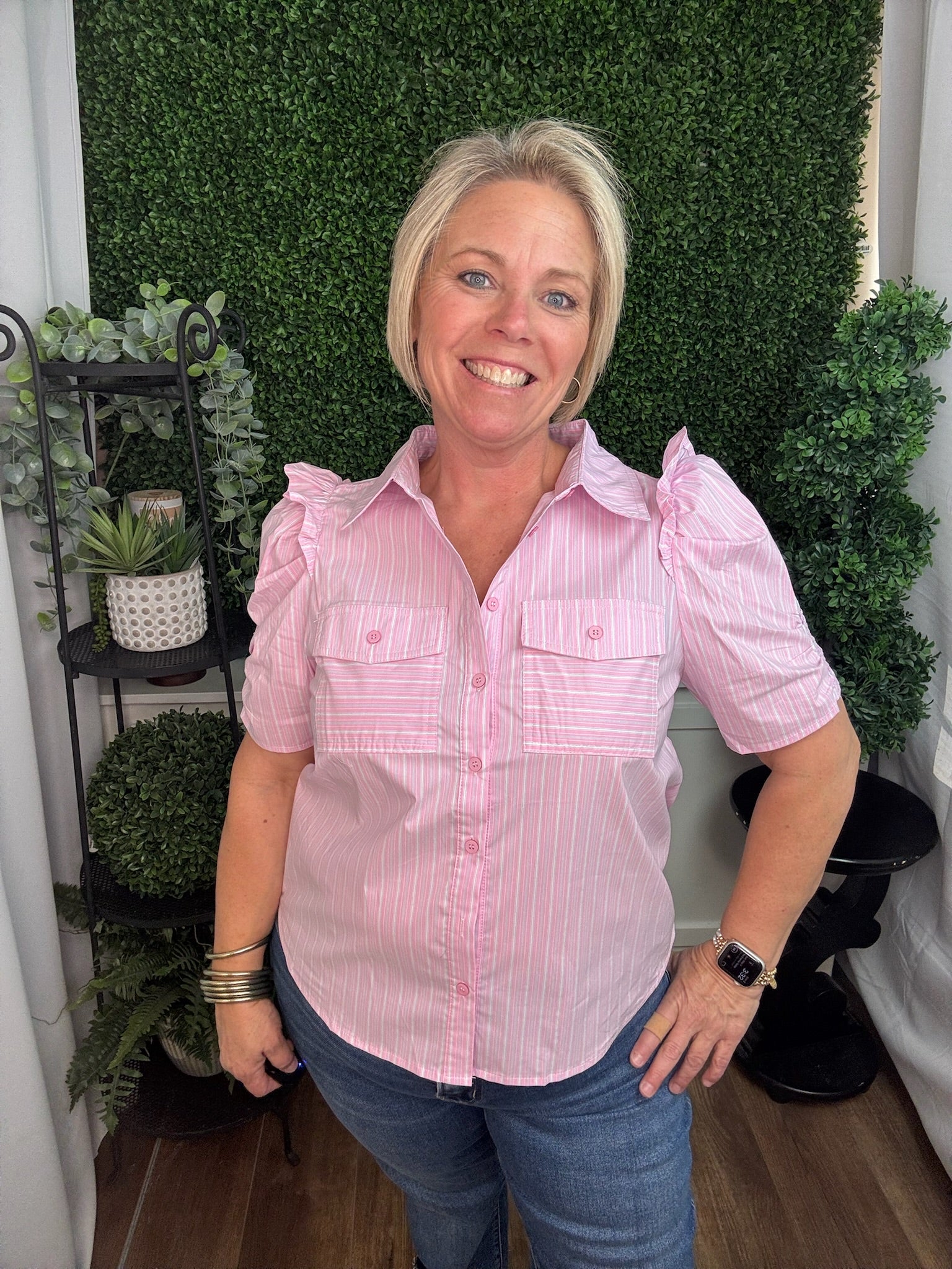 Pink Stripe Puff Sleeve Button-Up Top