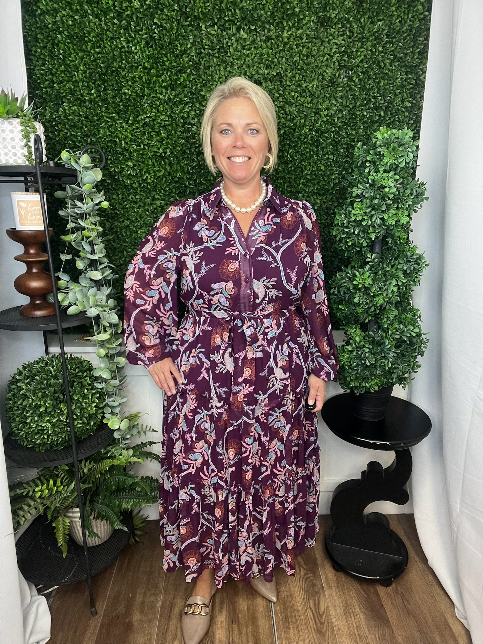 PAISLEY PRINT COLLAR NECK DRESS - PLUM