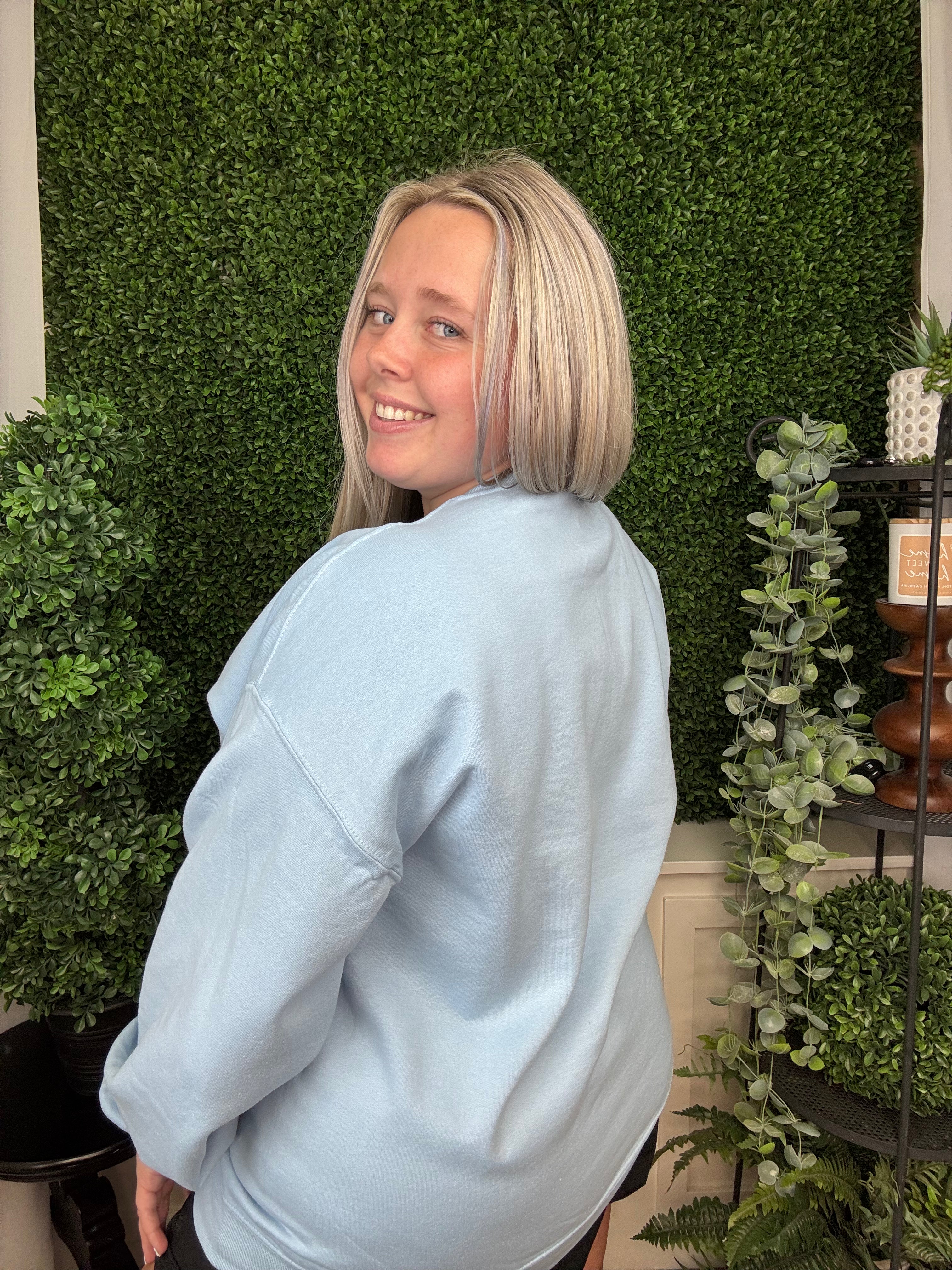 ALPHA DELTA PI GINGHAM CREWNECK - LIGHT BLUE