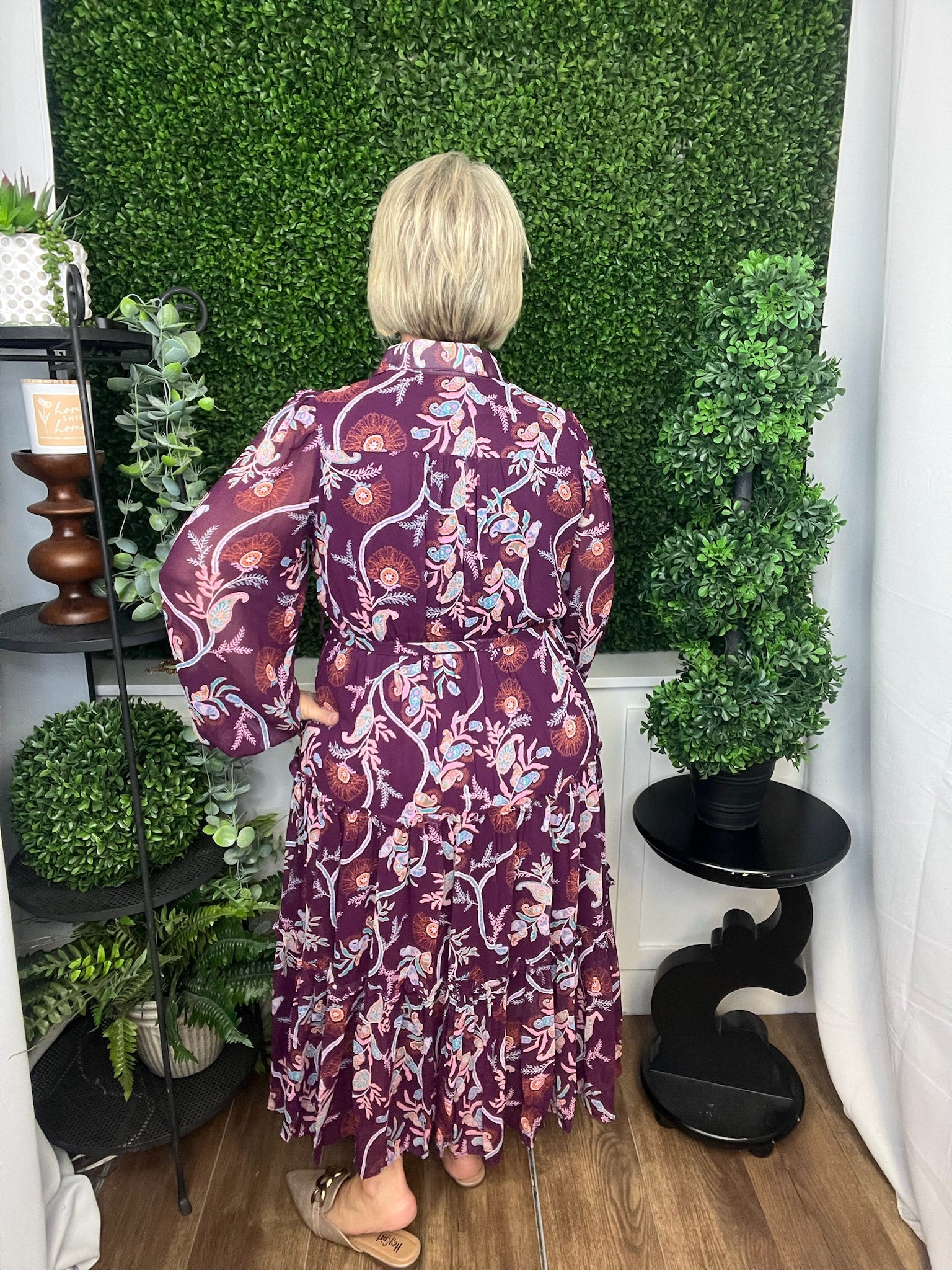 PAISLEY PRINT COLLAR NECK DRESS - PLUM