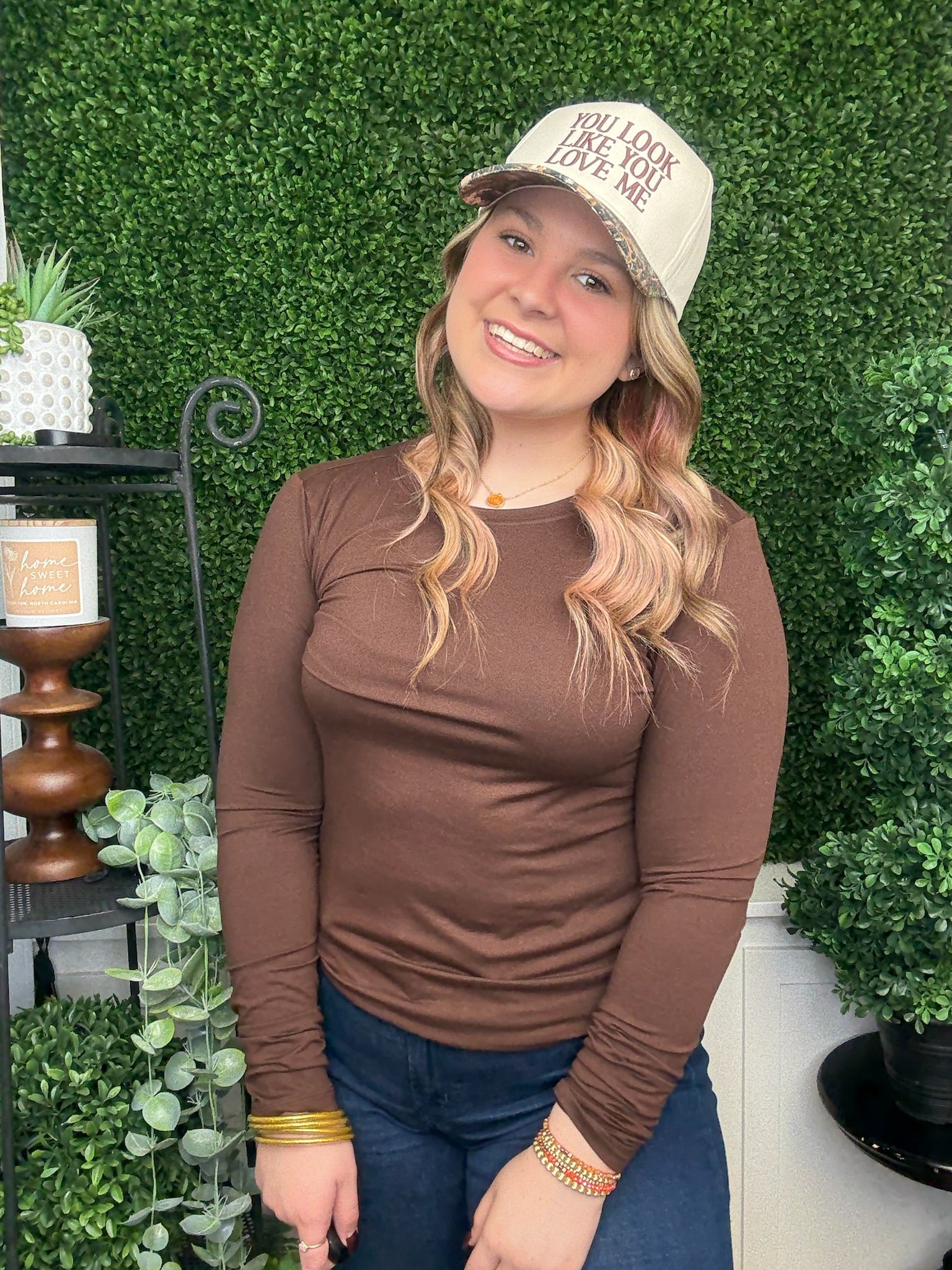 YOU LOOK LIKE YOU LOVE ME EMBROIDERED CAMO TRUCKER