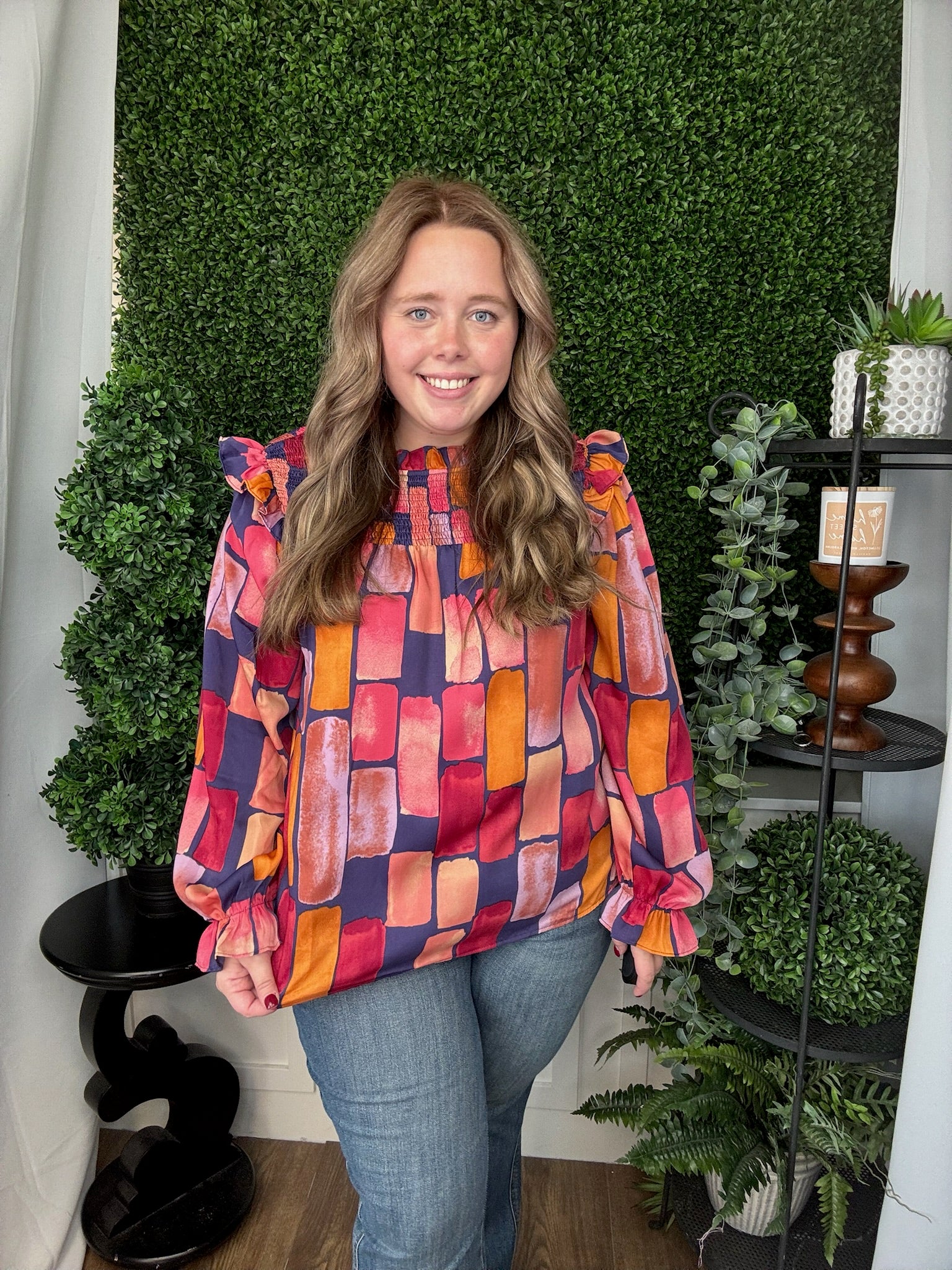 ABSTRACT PRINTED MIRABELLE SATIN BLOUSE - MIDNIGHT BLUE