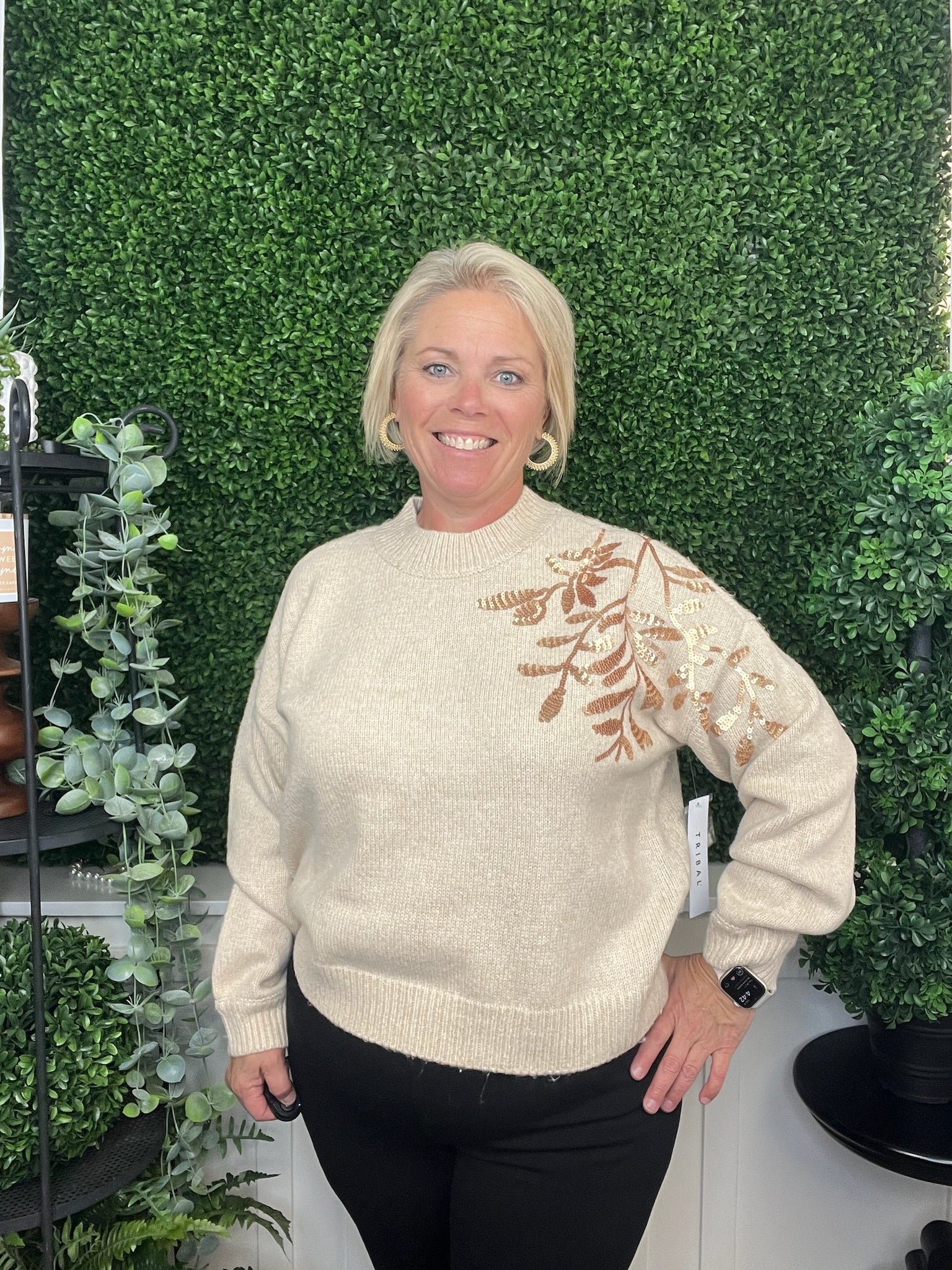 LS MOCK NECK SWEATER W/SEQUINS - H LATTE