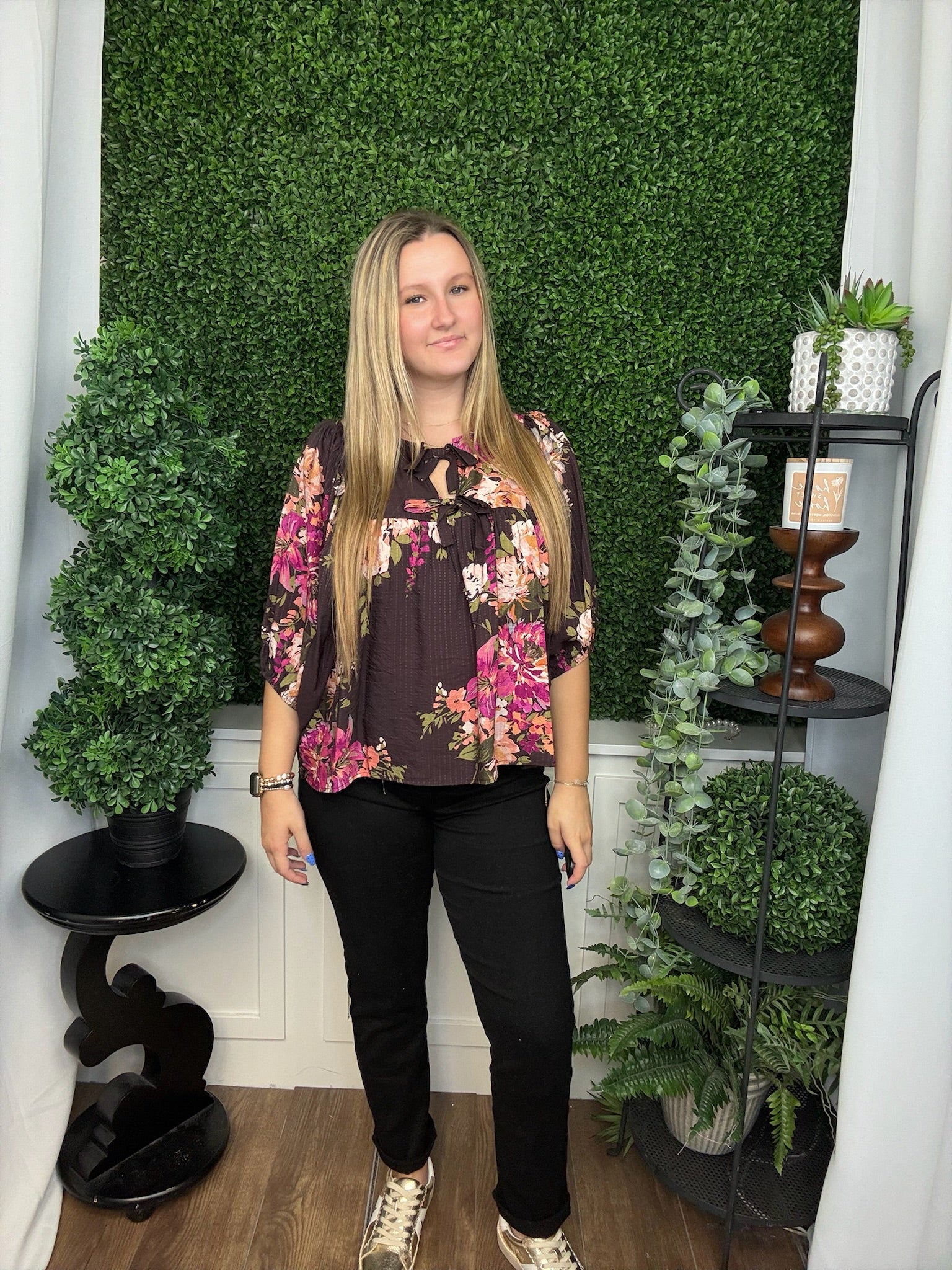 FLORAL PRINTED BATWING SLEEVE FRONT TIE TOP - BROWN MULTI