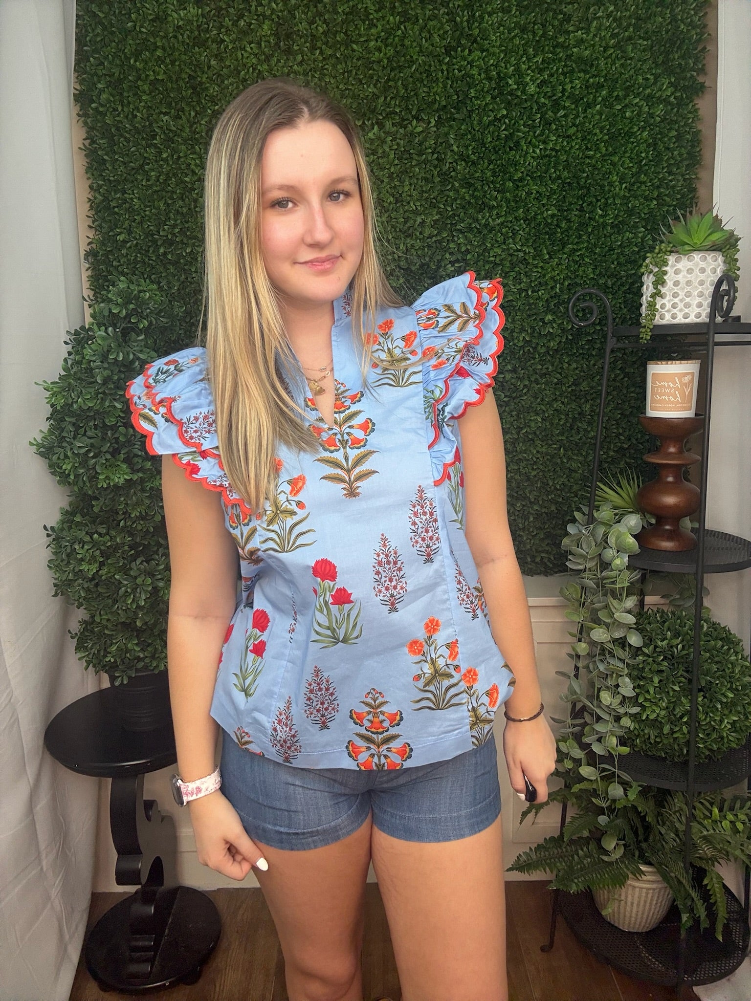 Scalloped Ruffle Floral Blouse